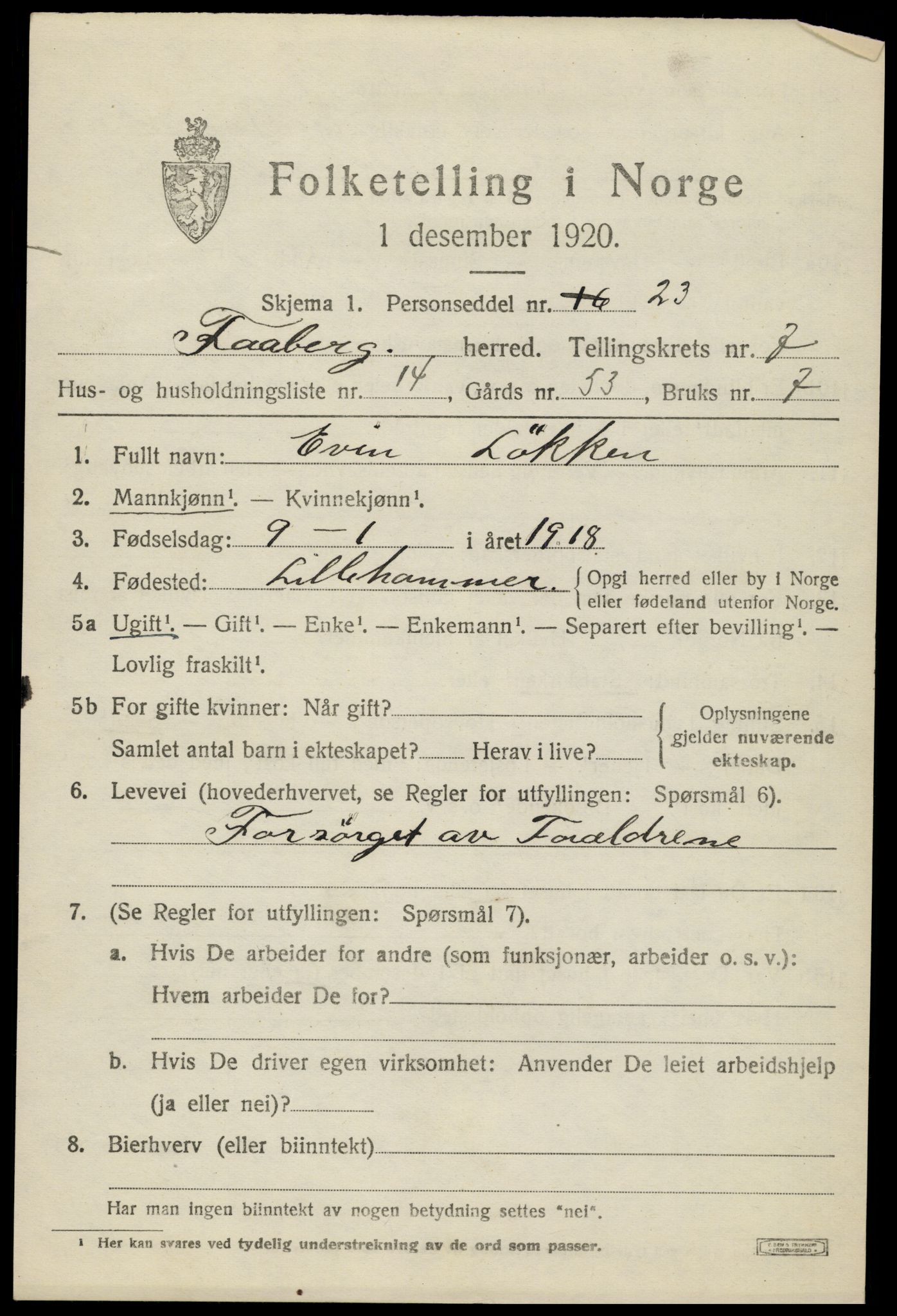 SAH, 1920 census for Fåberg, 1920, p. 8020