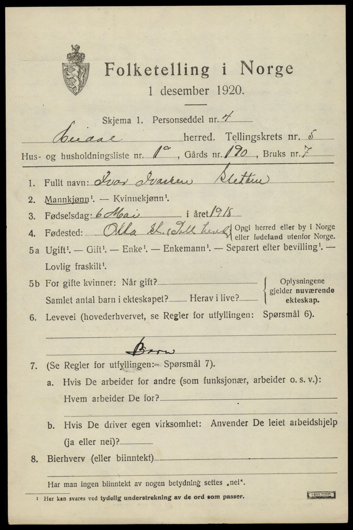 SAH, 1920 census for Heidal, 1920, p. 2368