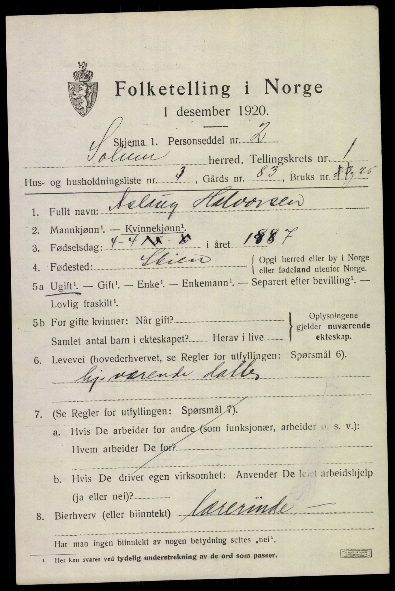 SAKO, 1920 census for Solum, 1920, p. 2280