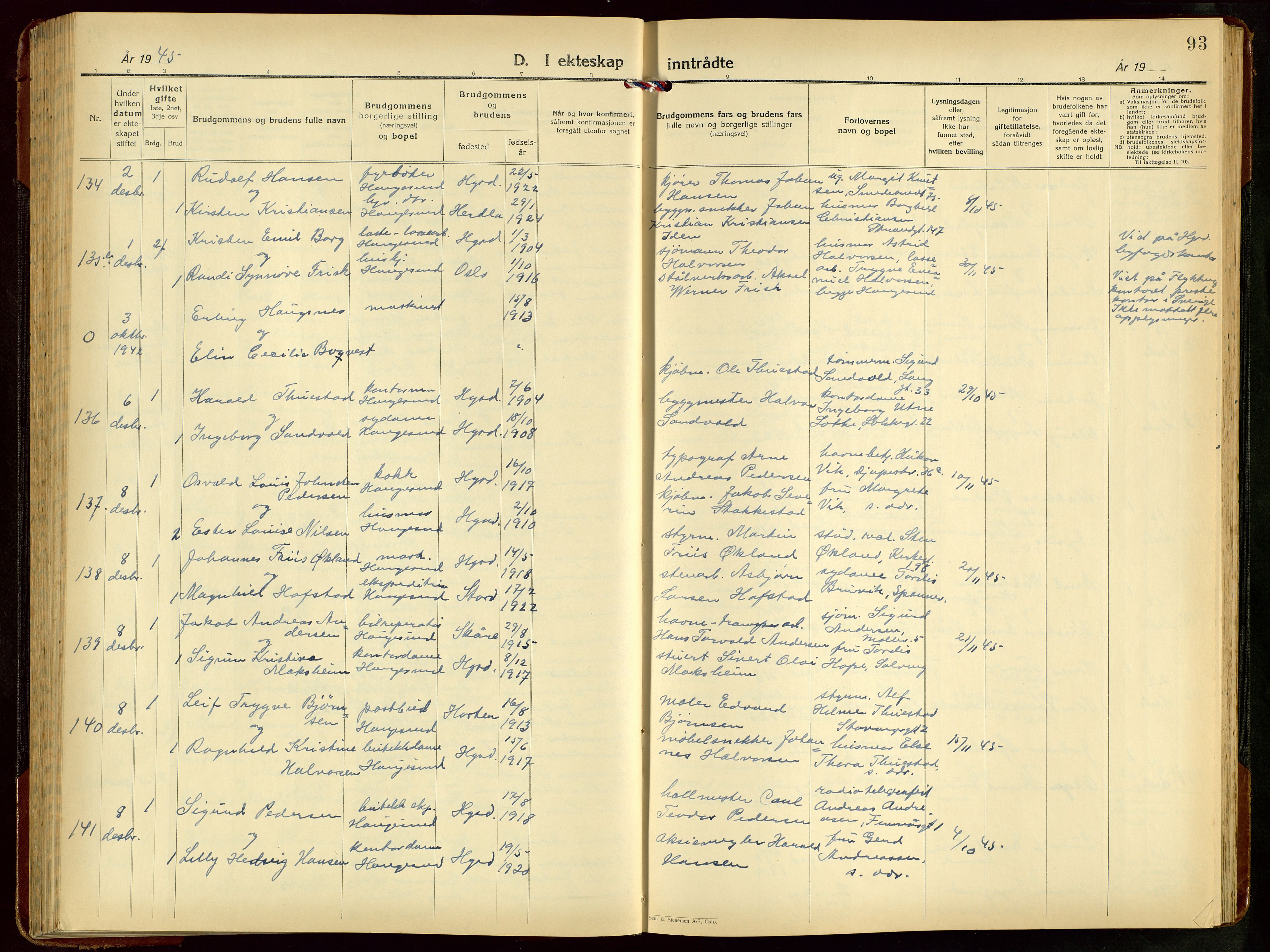 Haugesund sokneprestkontor, AV/SAST-A -101863/H/Ha/Hab/L0014: Parish register (copy) no. B 14, 1940-1952, p. 93