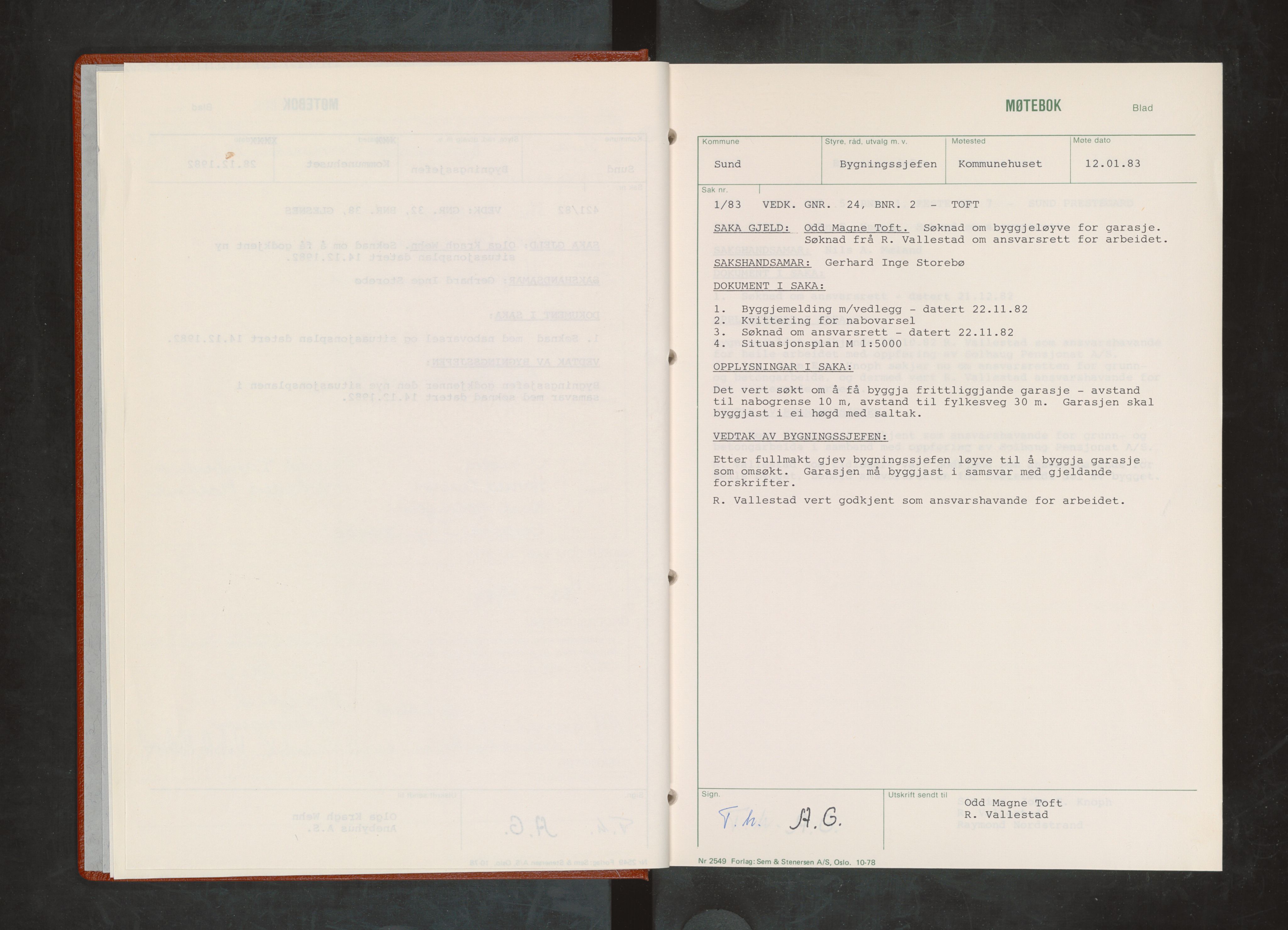 Sund kommune. Bygningsrådet, IKAH/1245-511/A/Aa/L0016: Møtebok for Sund bygningsråd, 1983