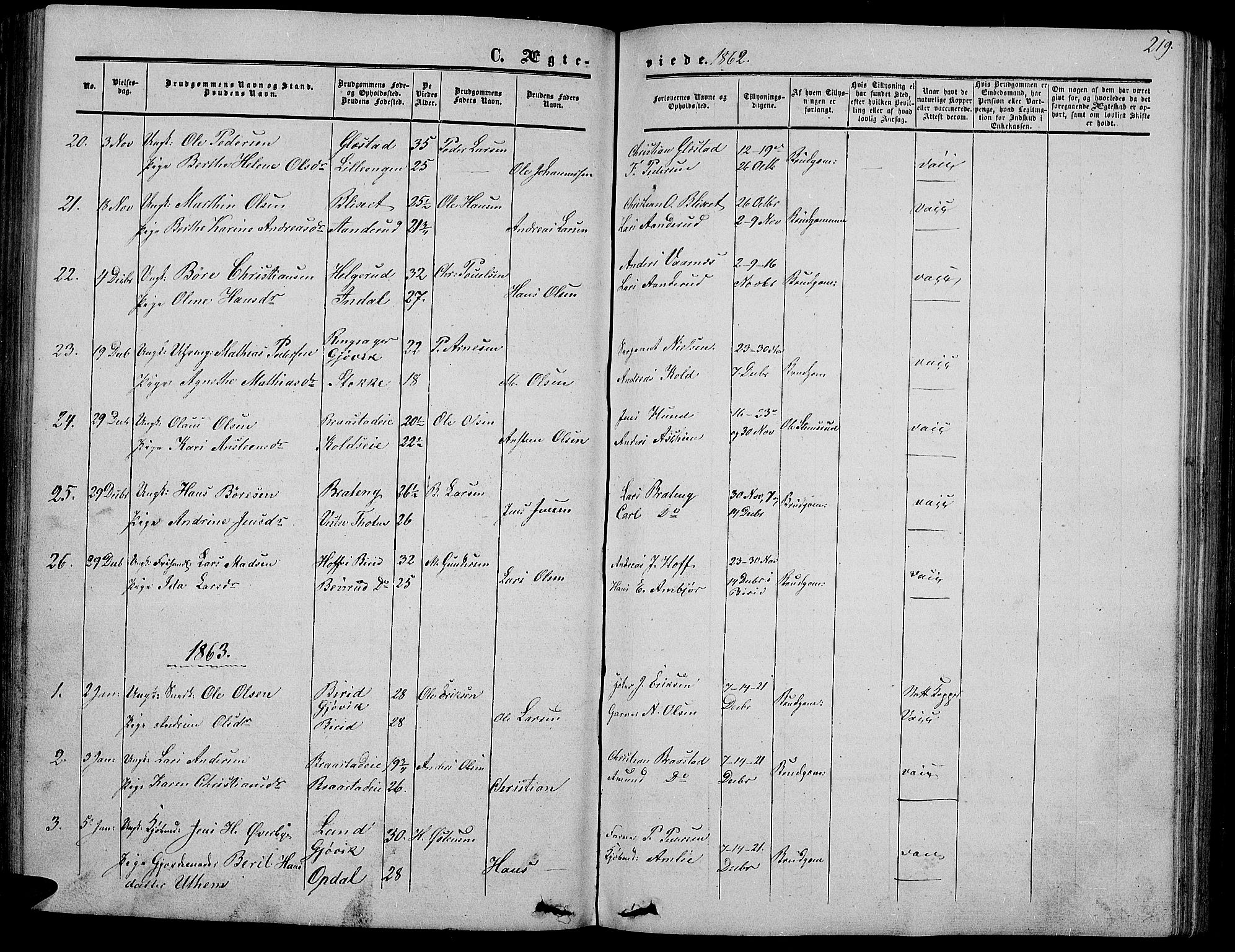 Vardal prestekontor, SAH/PREST-100/H/Ha/Hab/L0005: Parish register (copy) no. 5, 1854-1868, p. 219