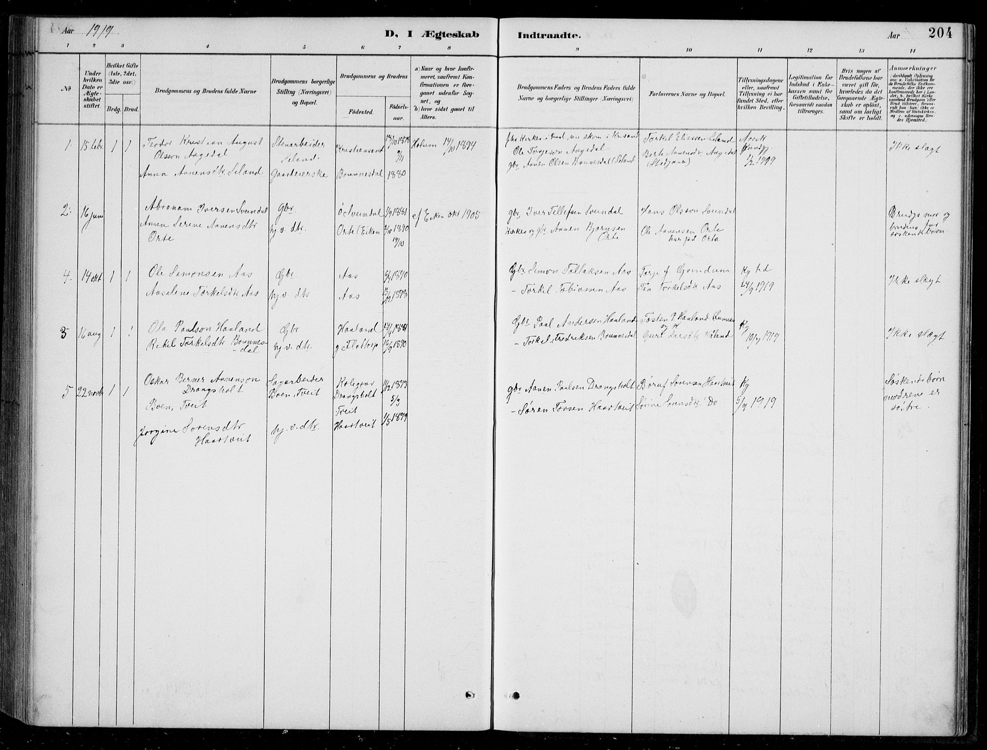 Bjelland sokneprestkontor, SAK/1111-0005/F/Fb/Fbc/L0003: Parish register (copy) no. B 3, 1887-1924, p. 204