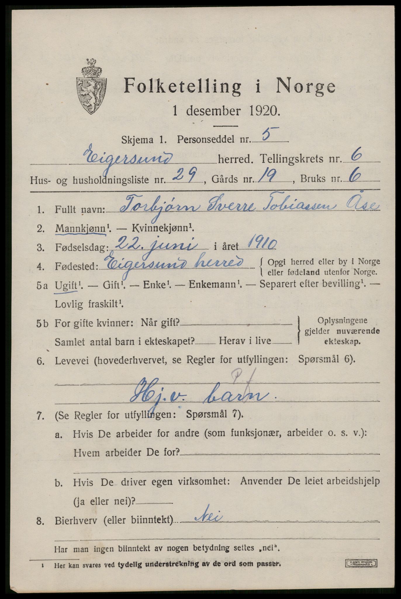 SAST, 1920 census for Eigersund, 1920, p. 4213