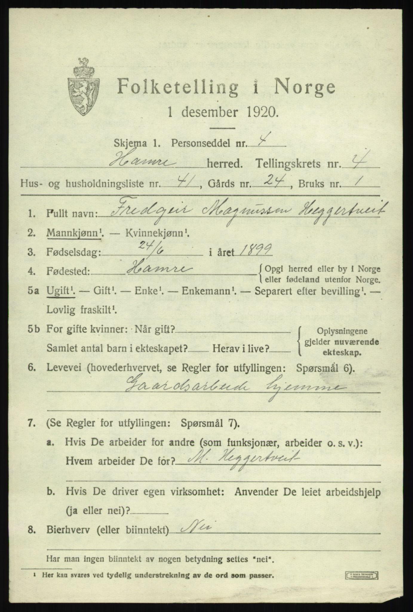 SAB, 1920 census for Hamre, 1920, p. 2797