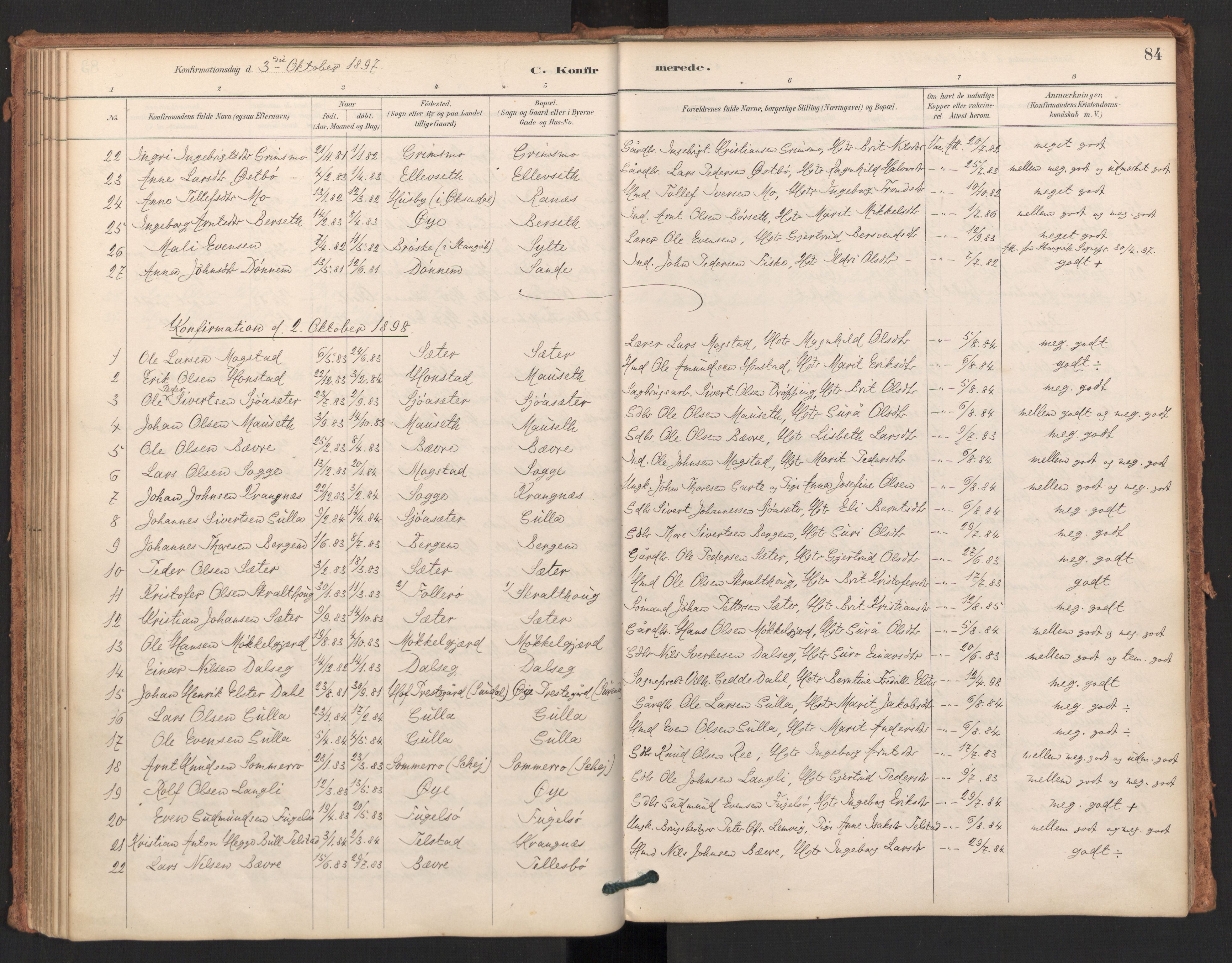 Ministerialprotokoller, klokkerbøker og fødselsregistre - Møre og Romsdal, SAT/A-1454/596/L1056: Parish register (official) no. 596A01, 1885-1900, p. 84