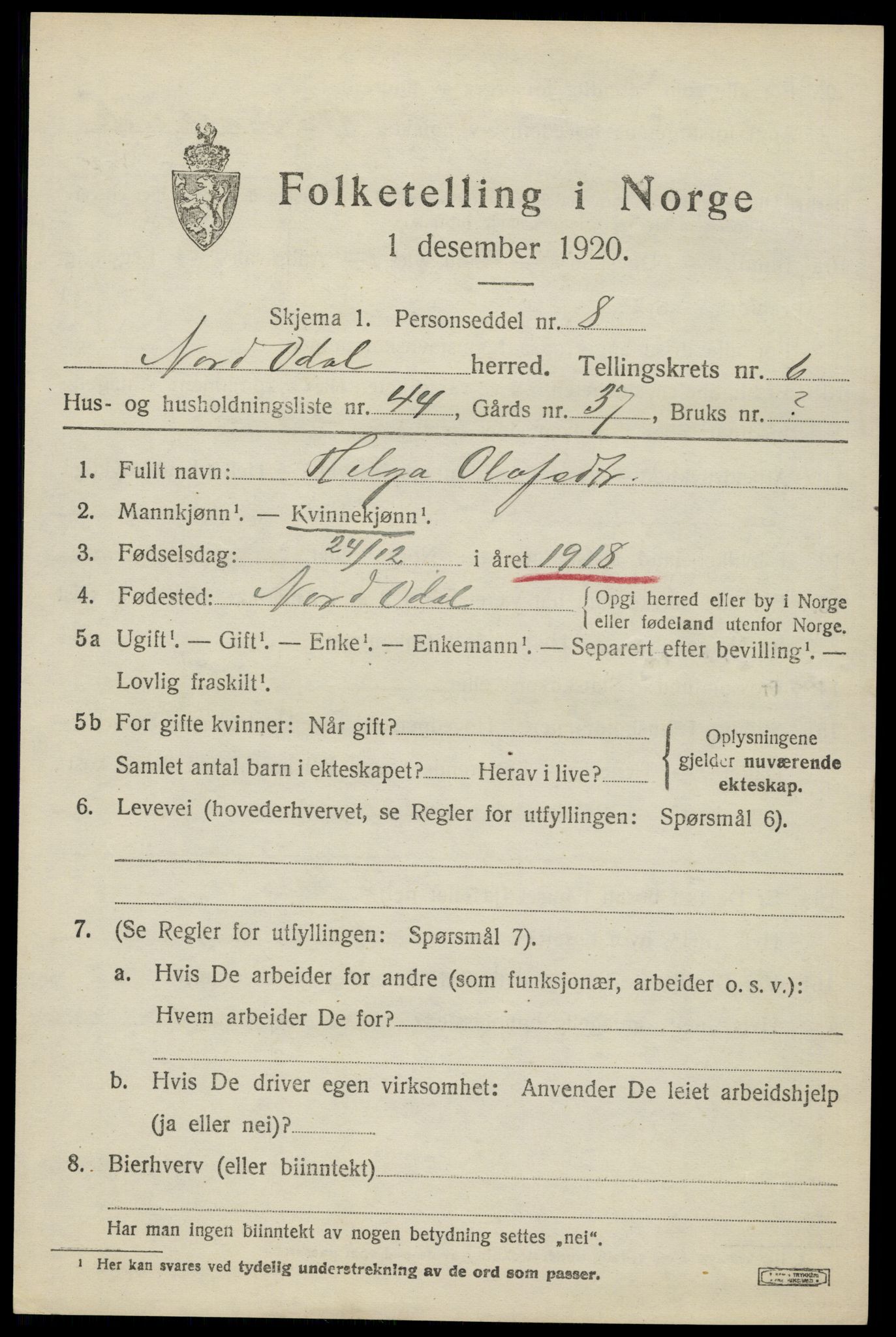 SAH, 1920 census for Nord-Odal, 1920, p. 7095