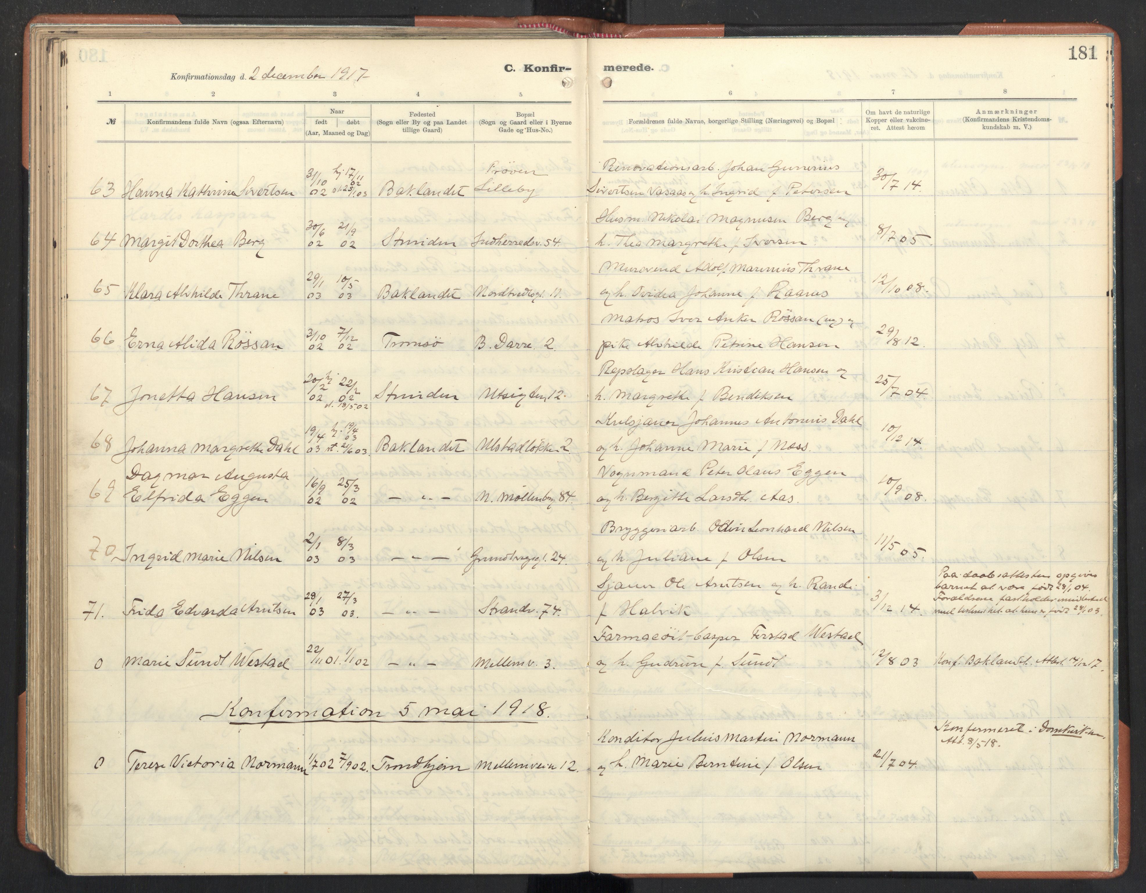 Ministerialprotokoller, klokkerbøker og fødselsregistre - Sør-Trøndelag, SAT/A-1456/605/L0246: Parish register (official) no. 605A08, 1916-1920, p. 181