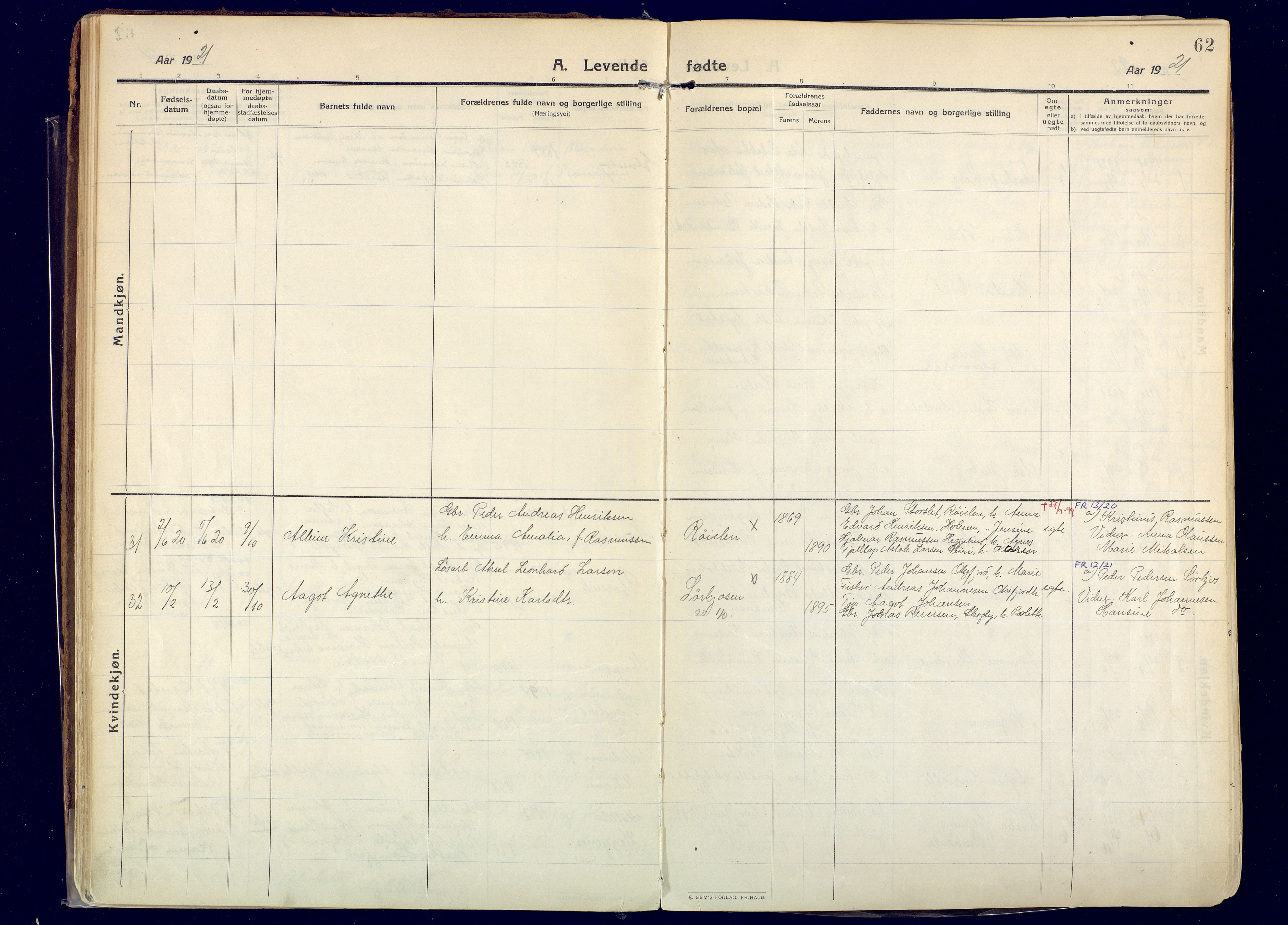 Skjervøy sokneprestkontor, AV/SATØ-S-1300/H/Ha/Haa: Parish register (official) no. 20, 1911-1931, p. 62