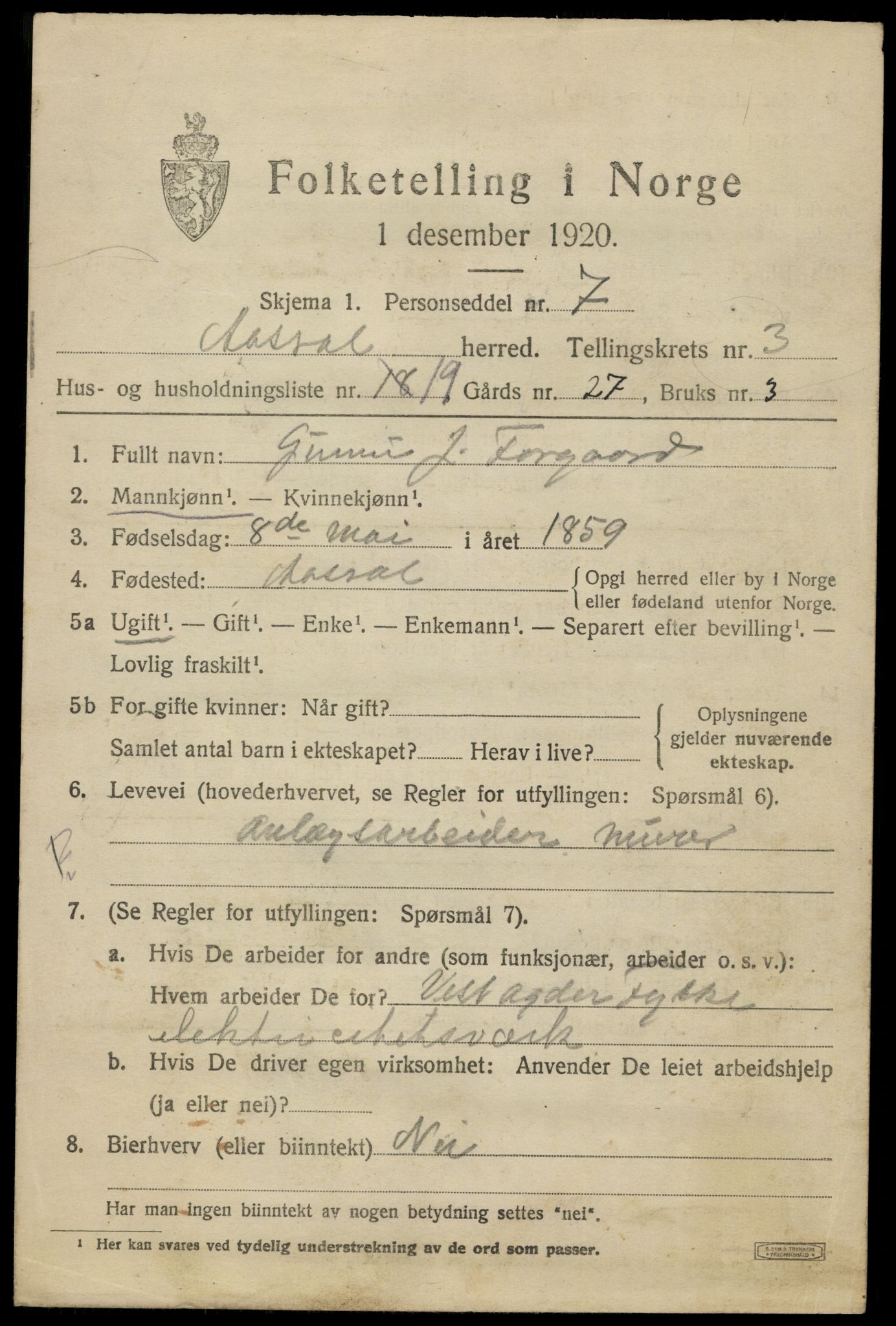 SAK, 1920 census for Åseral, 1920, p. 1184