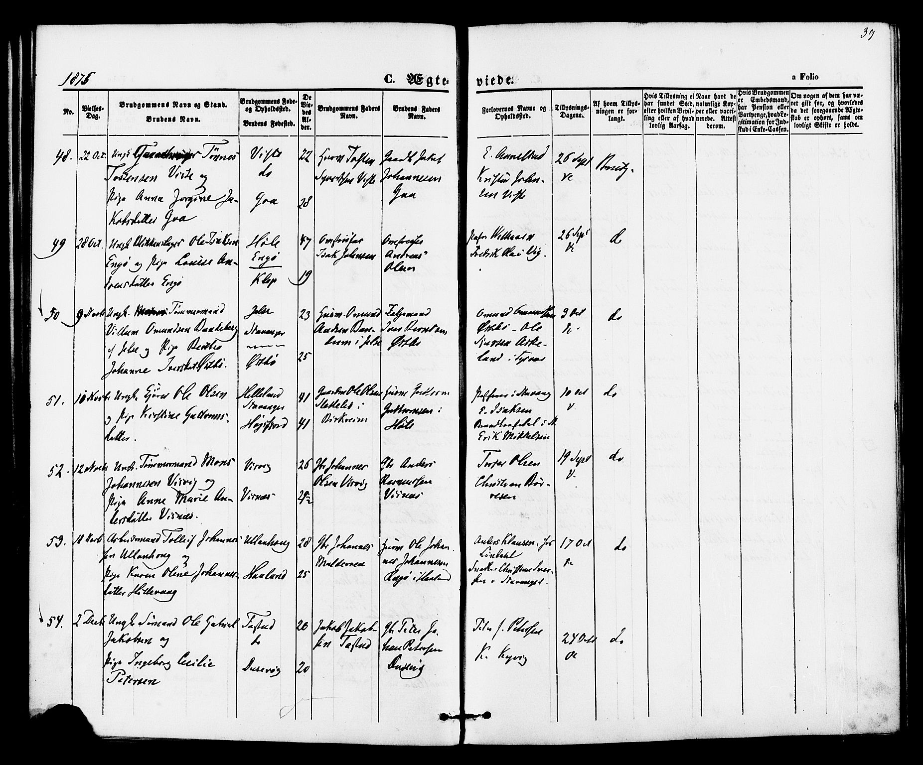 Hetland sokneprestkontor, AV/SAST-A-101826/30/30BA/L0005: Parish register (official) no. A 5, 1869-1884, p. 39