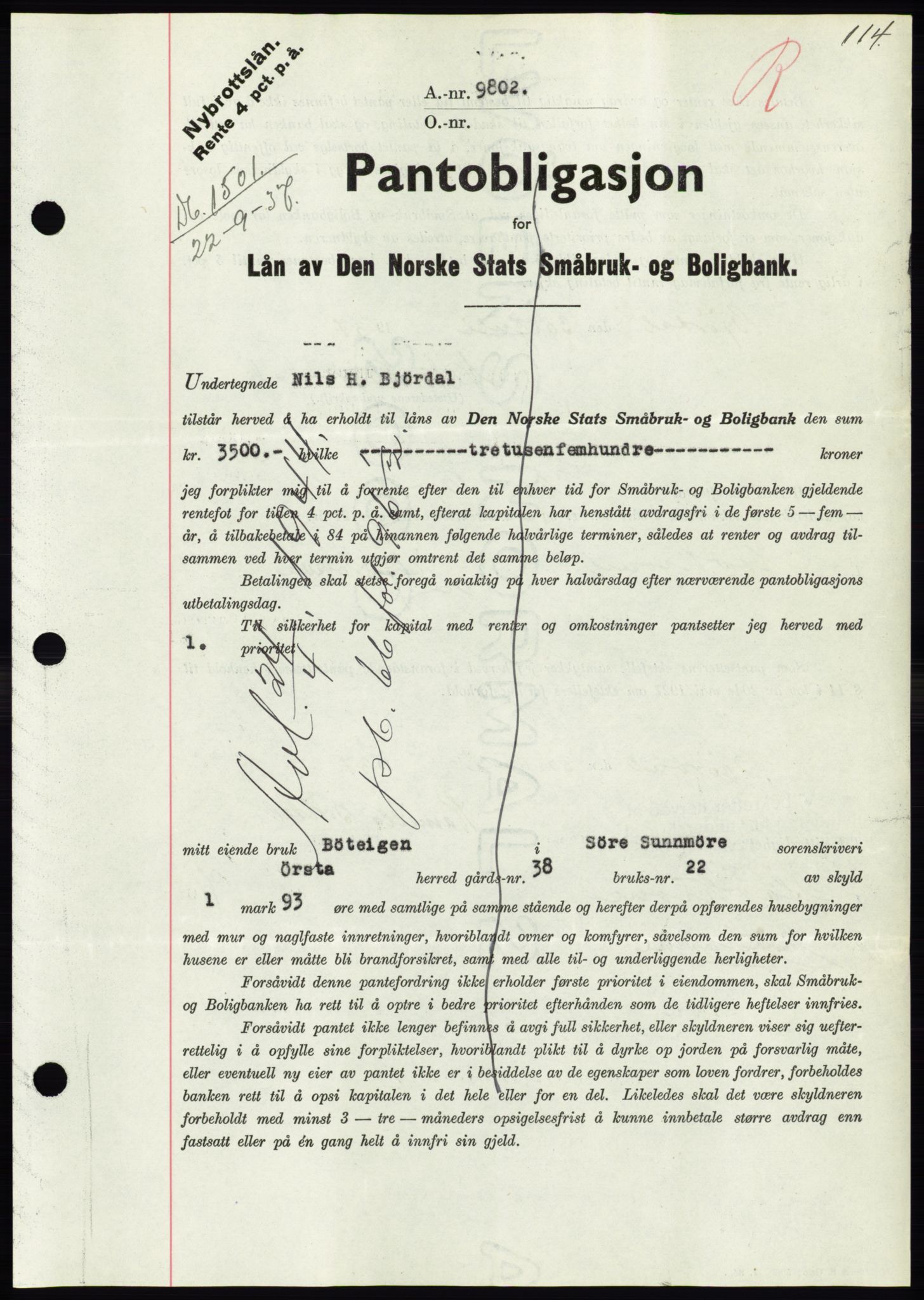 Søre Sunnmøre sorenskriveri, AV/SAT-A-4122/1/2/2C/L0064: Mortgage book no. 58, 1937-1938, Diary no: : 1501/1937