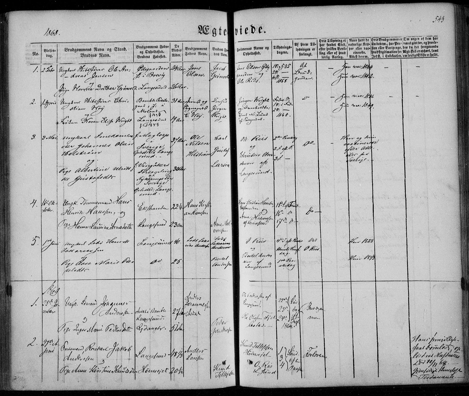 Bamble kirkebøker, SAKO/A-253/F/Fa/L0005: Parish register (official) no. I 5, 1854-1869, p. 543