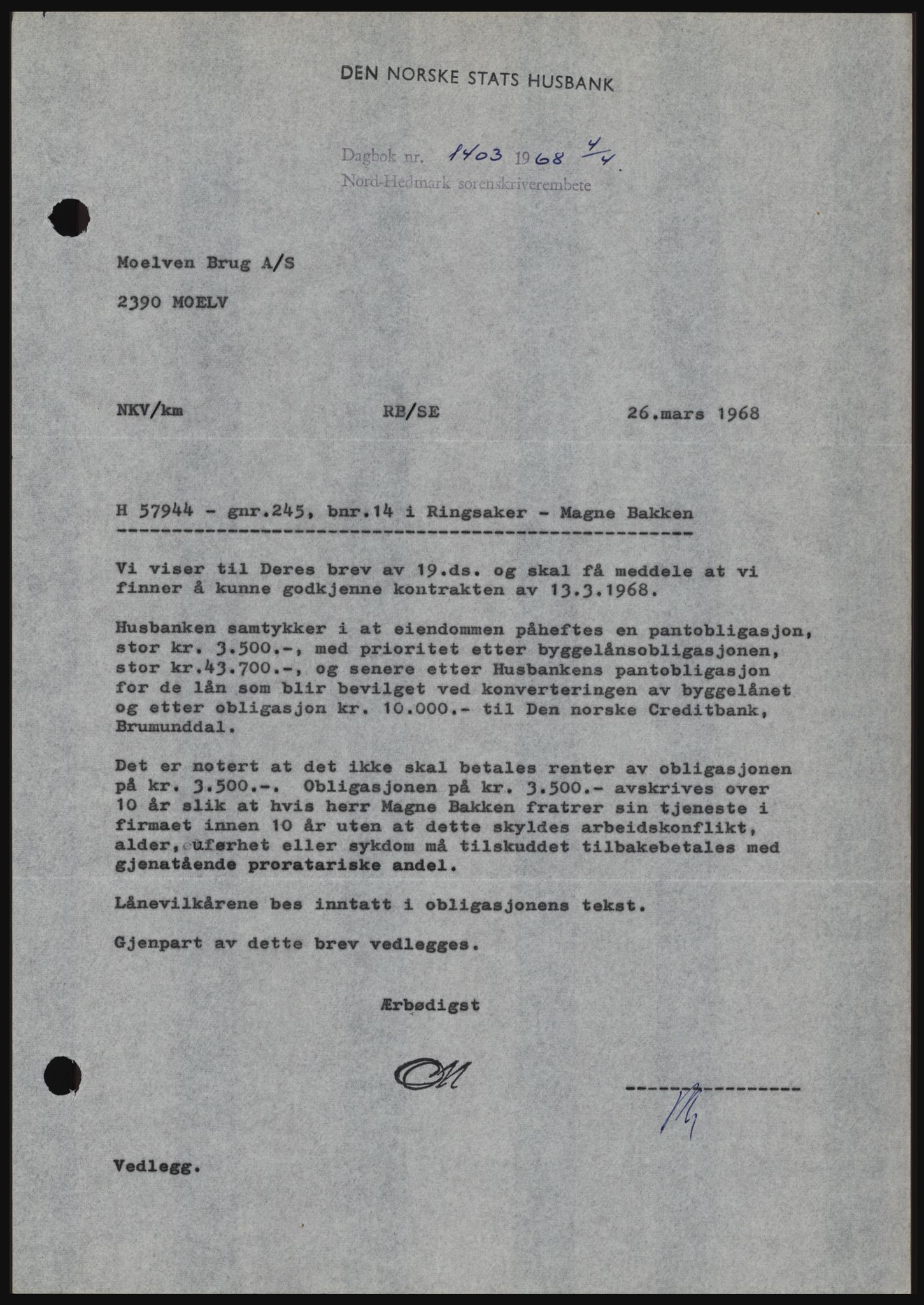 Nord-Hedmark sorenskriveri, SAH/TING-012/H/Hc/L0027: Mortgage book no. 27, 1967-1968, Diary no: : 1403/1968