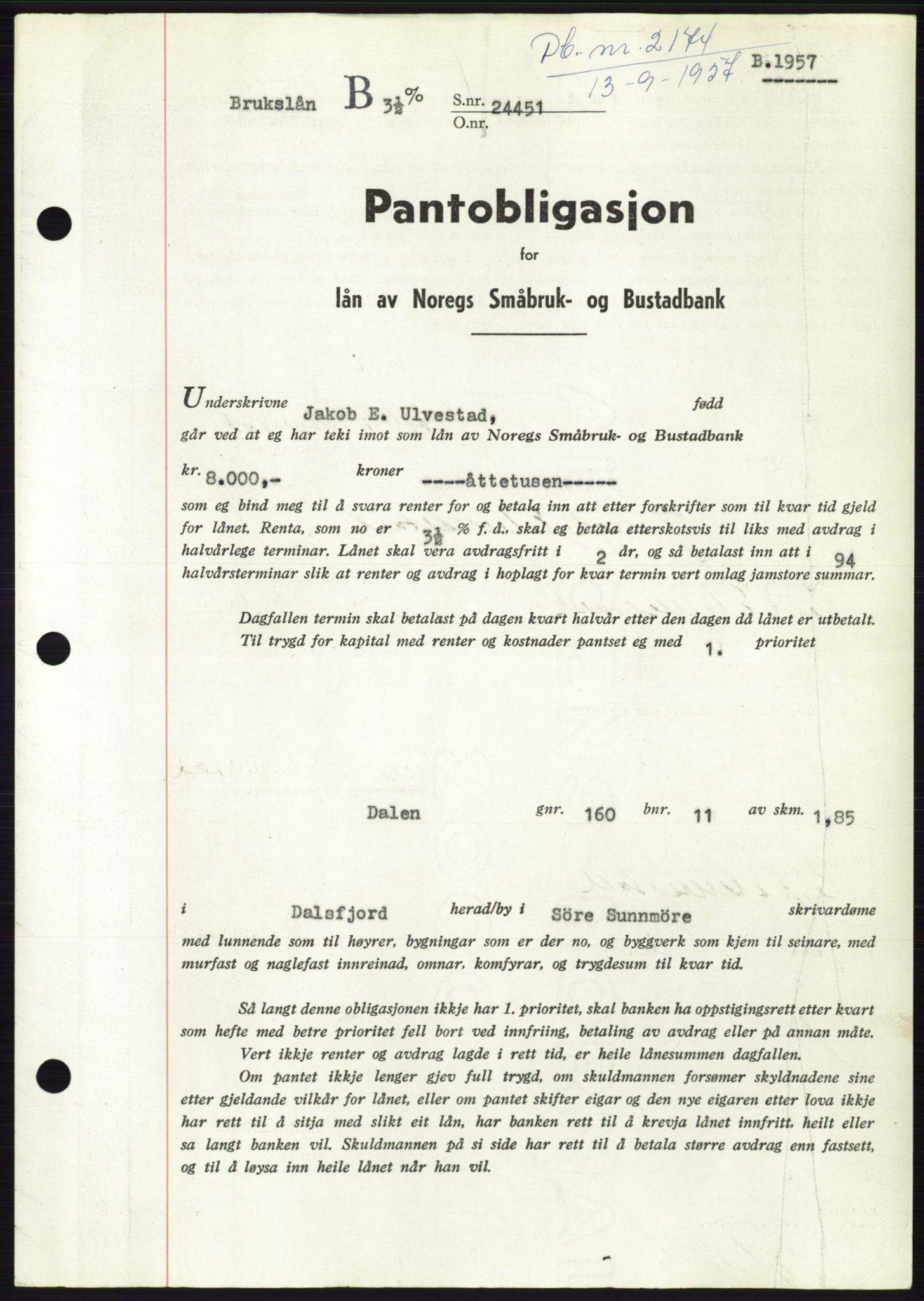 Søre Sunnmøre sorenskriveri, AV/SAT-A-4122/1/2/2C/L0130: Mortgage book no. 18B, 1957-1958, Diary no: : 2174/1957