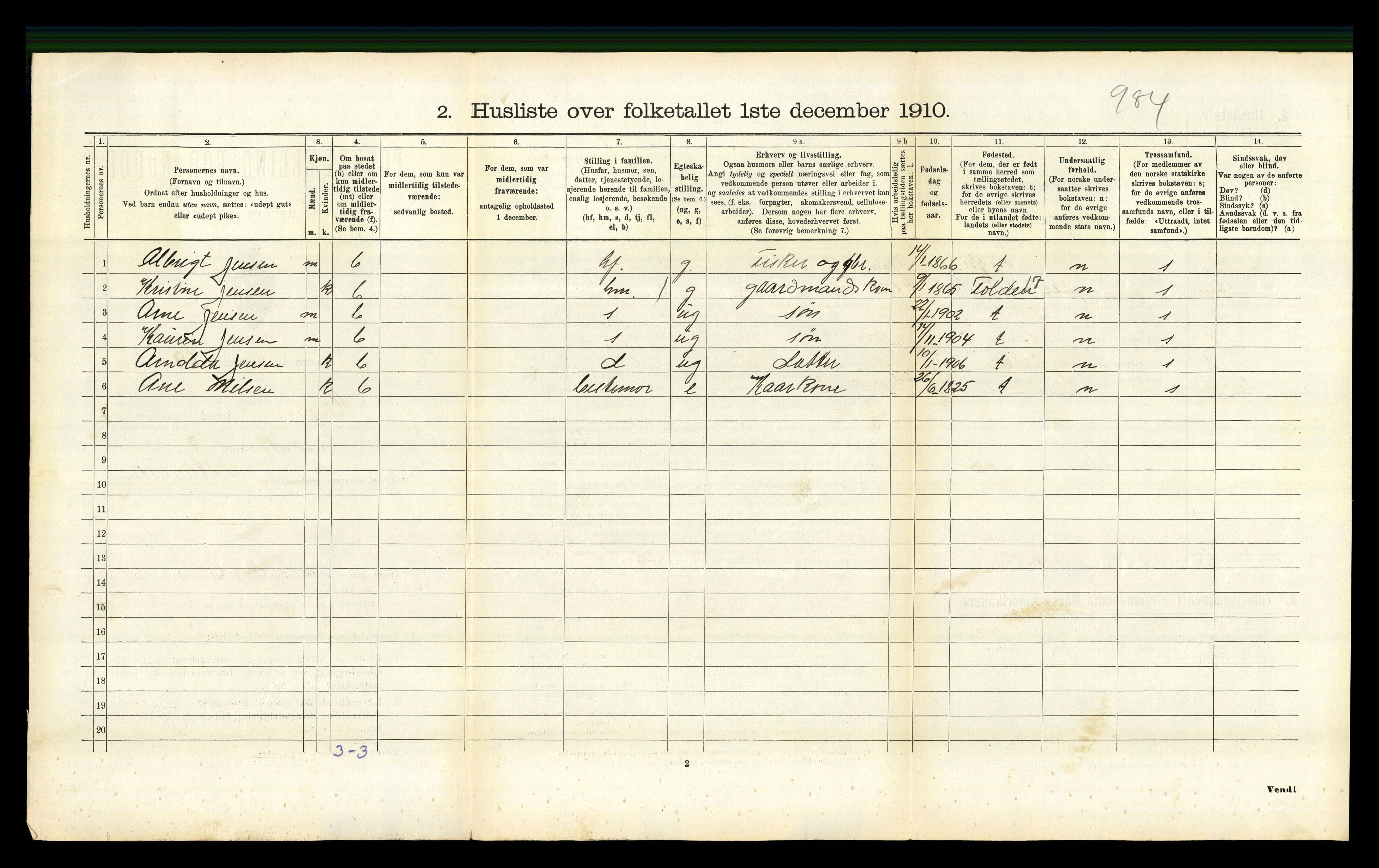 RA, 1910 census for Steigen, 1910, p. 584