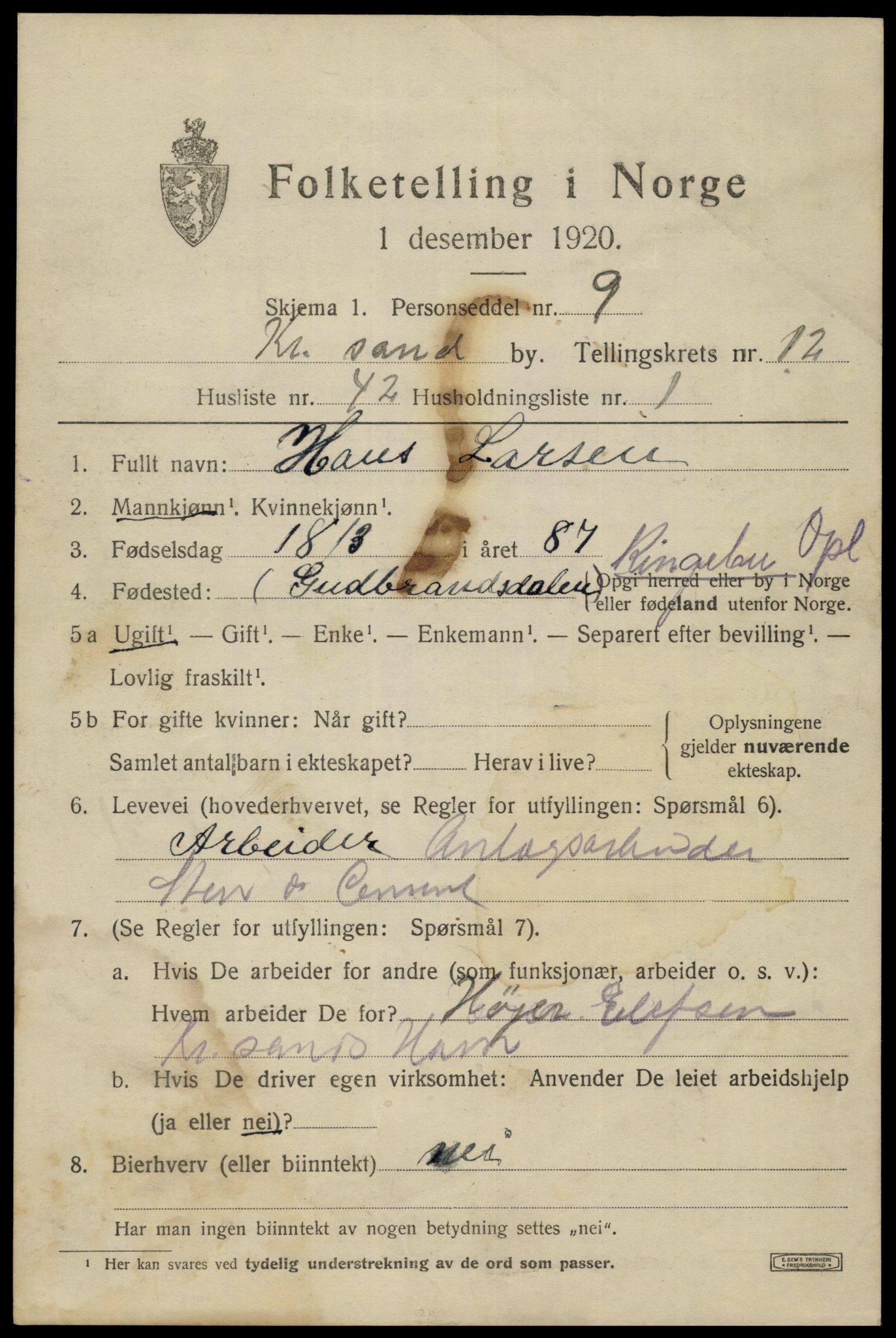 SAK, 1920 census for Kristiansand, 1920, p. 26763