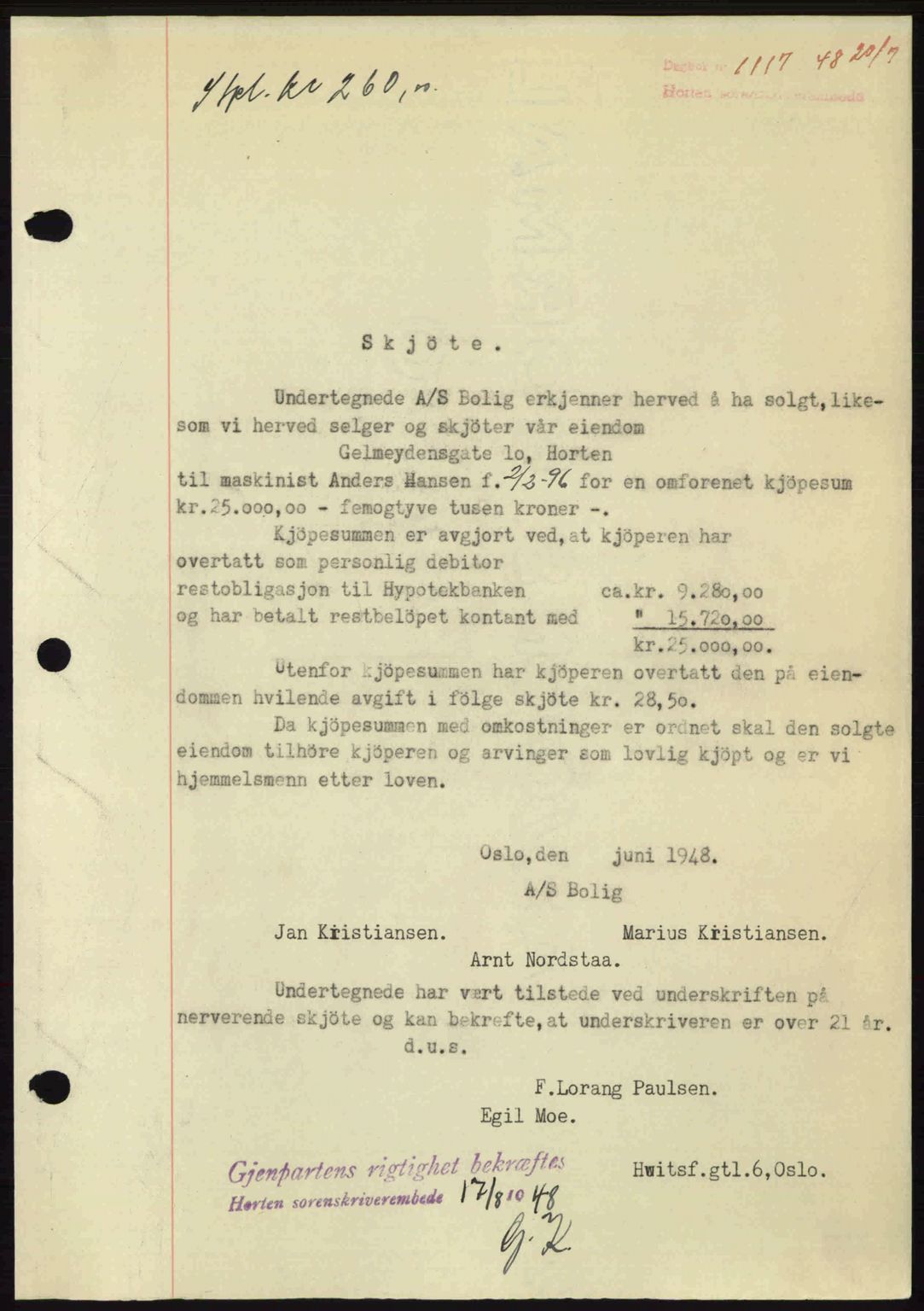 Horten sorenskriveri, AV/SAKO-A-133/G/Ga/Gaa/L0010: Mortgage book no. A-10, 1947-1948, Diary no: : 1117/1948