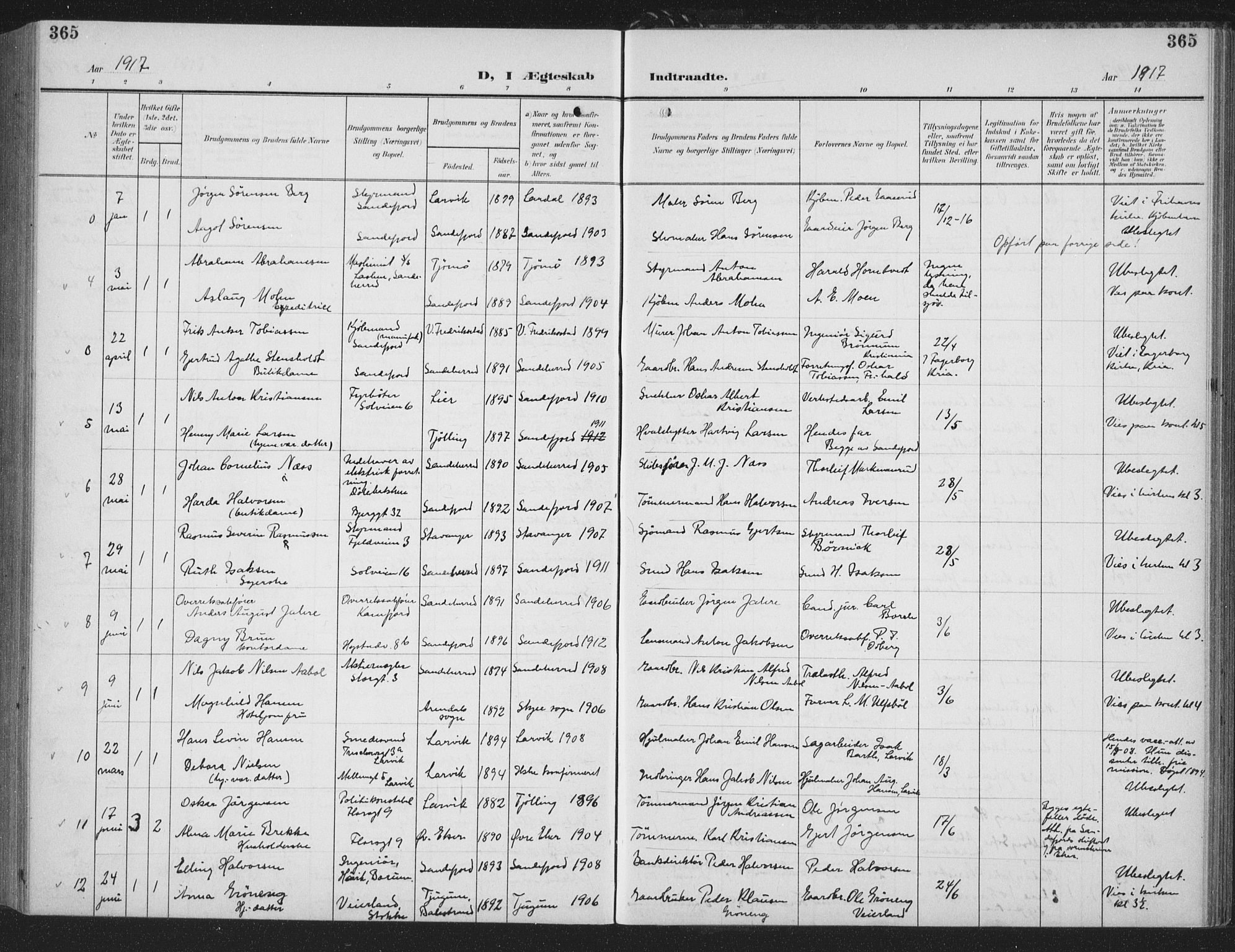 Sandefjord kirkebøker, AV/SAKO-A-315/G/Ga/L0003: Parish register (copy) no. 3, 1903-1920, p. 365
