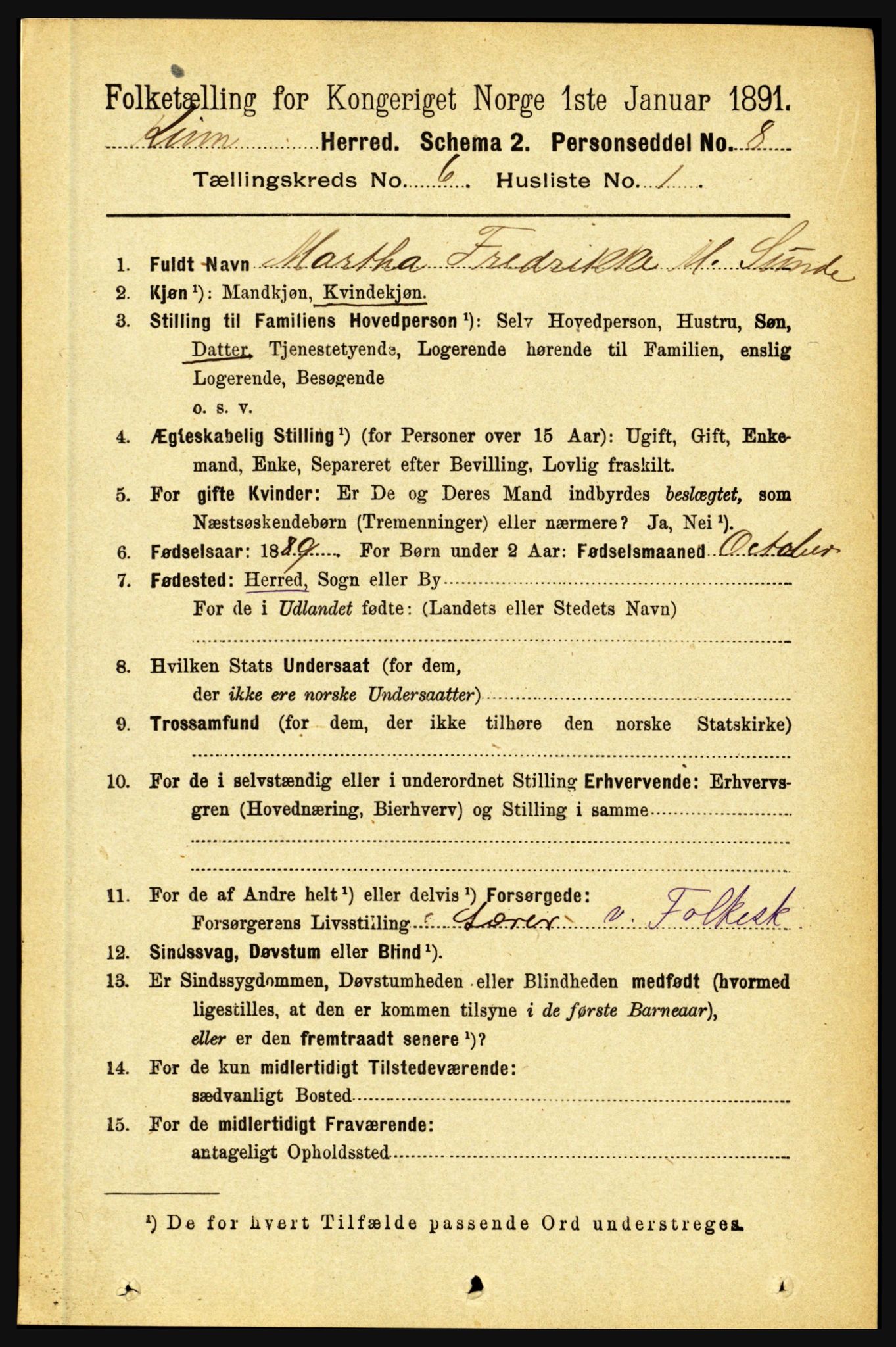 RA, 1891 census for 1437 Kinn, 1891, p. 2284