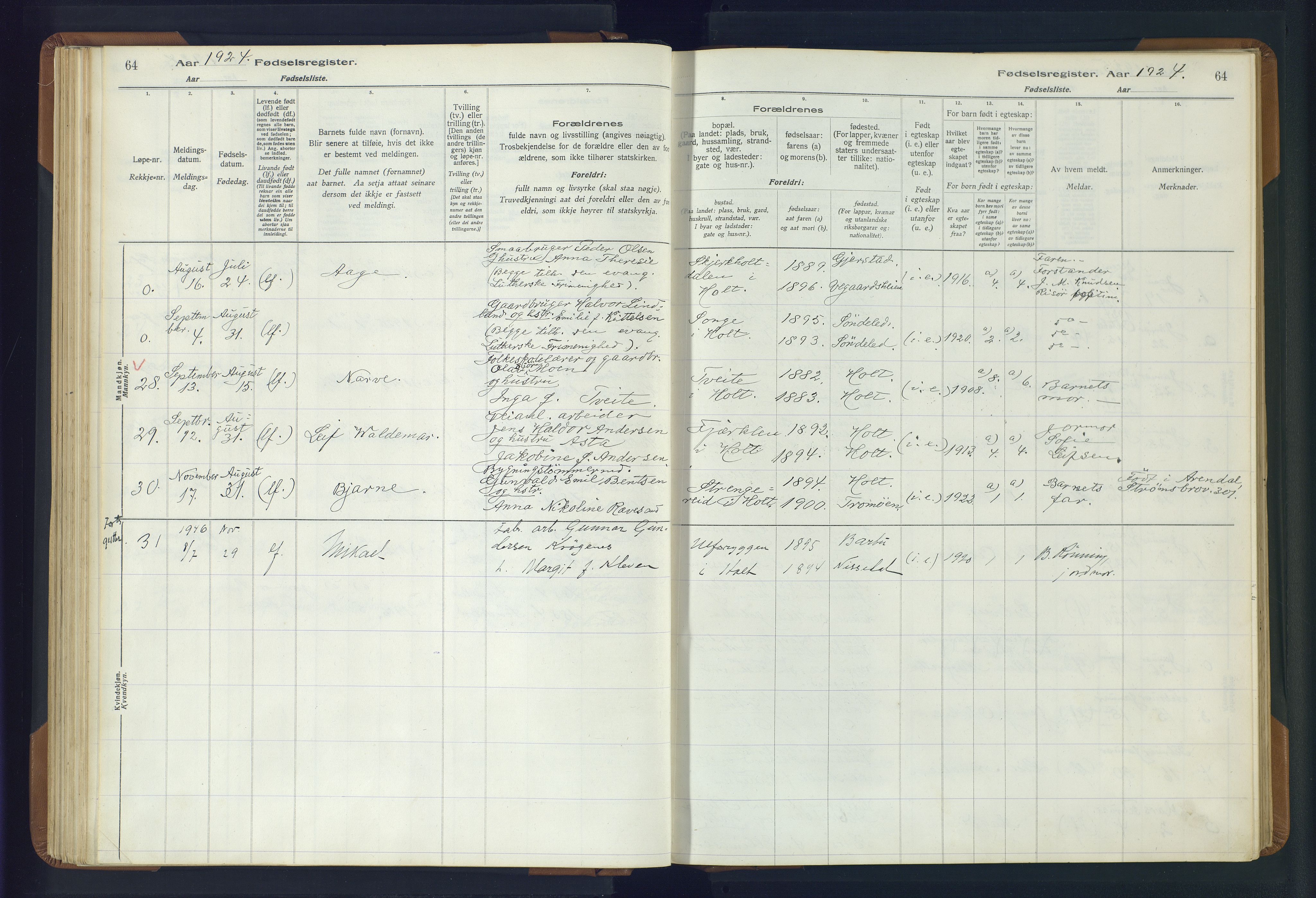 Holt sokneprestkontor, AV/SAK-1111-0021/J/Ja/L0001: Birth register no. II.4.1, 1916-1946, p. 64