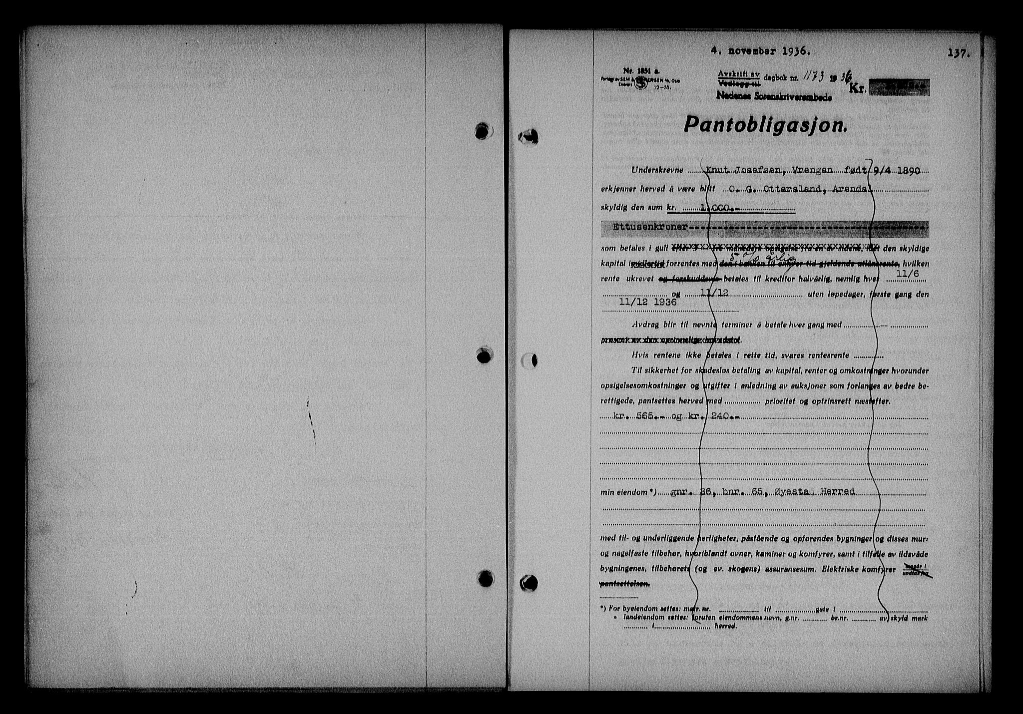 Nedenes sorenskriveri, SAK/1221-0006/G/Gb/Gba/L0043: Mortgage book no. 39, 1936-1937, Diary no: : 1173/1936