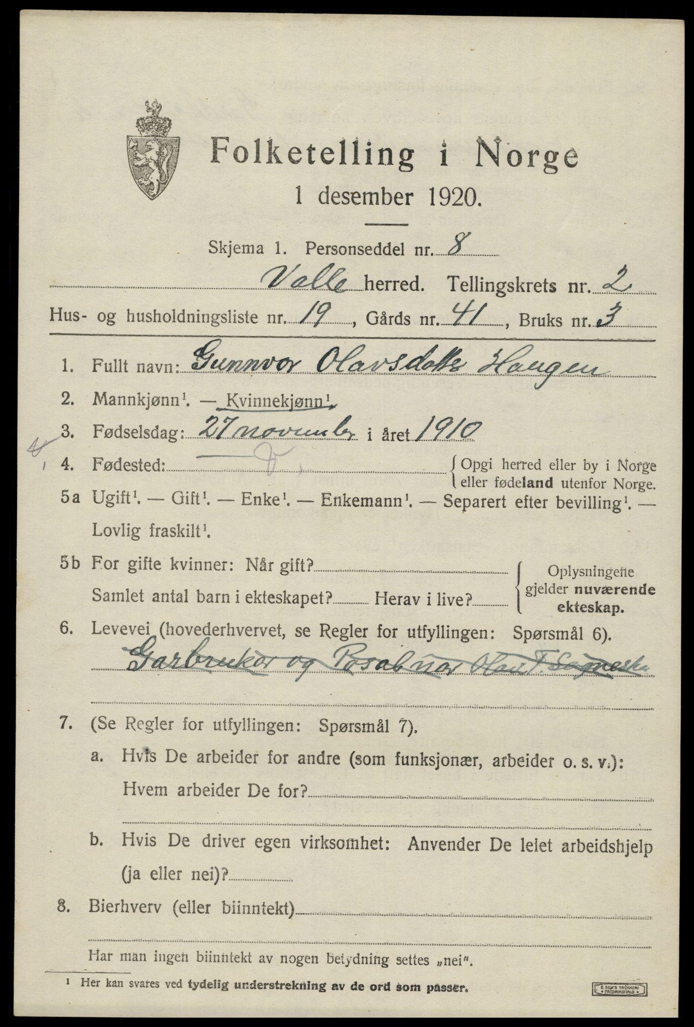 SAK, 1920 census for Valle, 1920, p. 1147