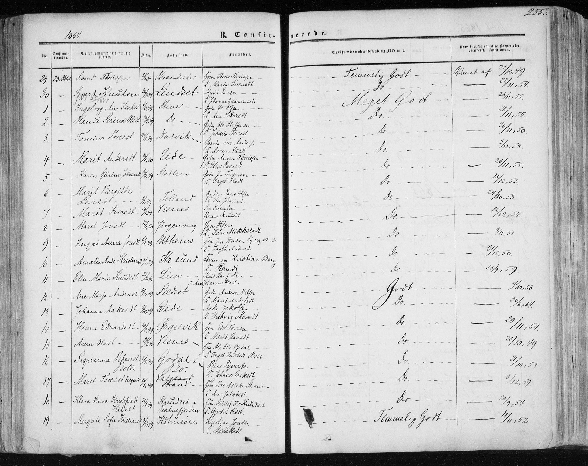 Ministerialprotokoller, klokkerbøker og fødselsregistre - Møre og Romsdal, AV/SAT-A-1454/568/L0804: Parish register (official) no. 568A11, 1854-1868, p. 255