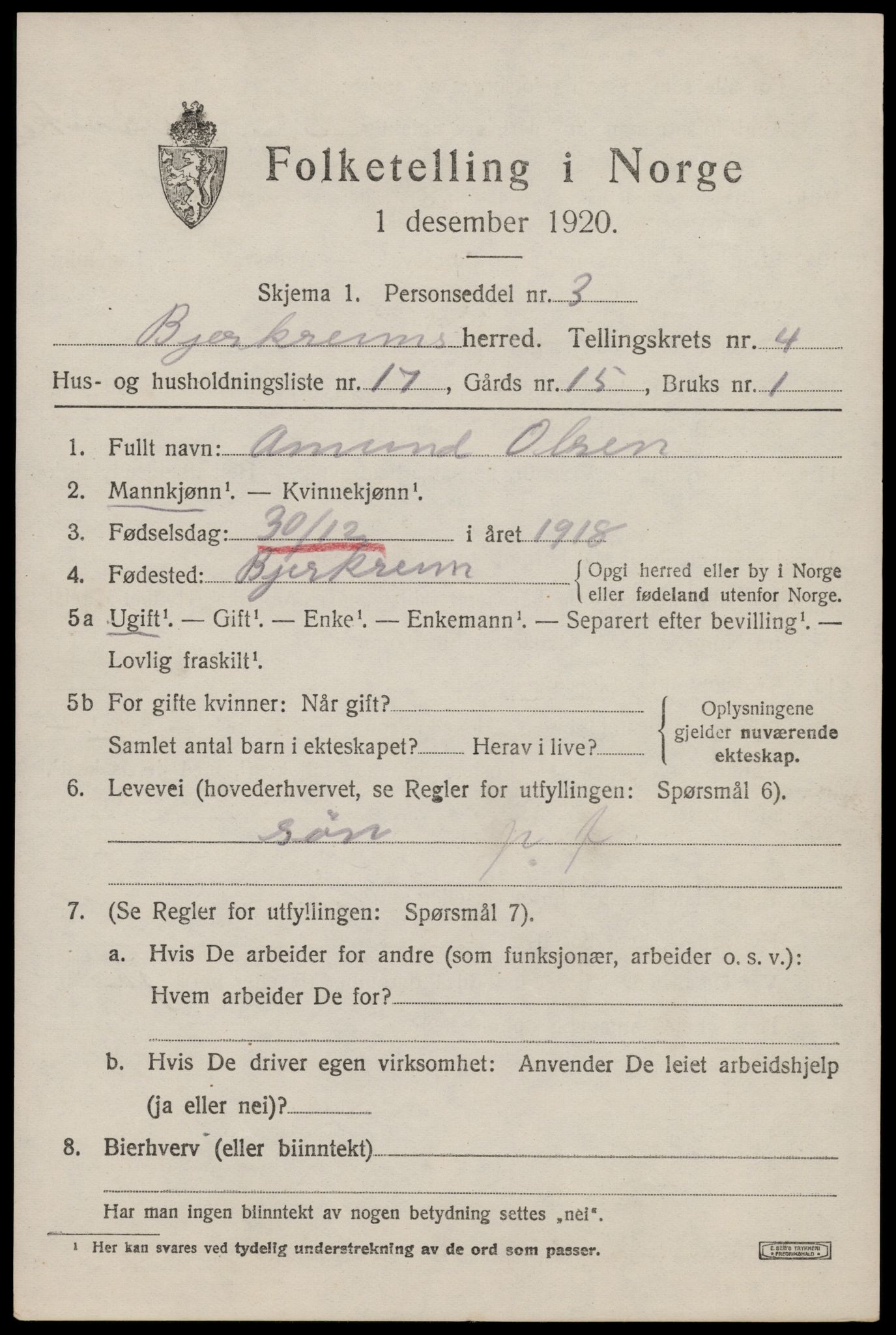 SAST, 1920 census for Bjerkreim, 1920, p. 1974