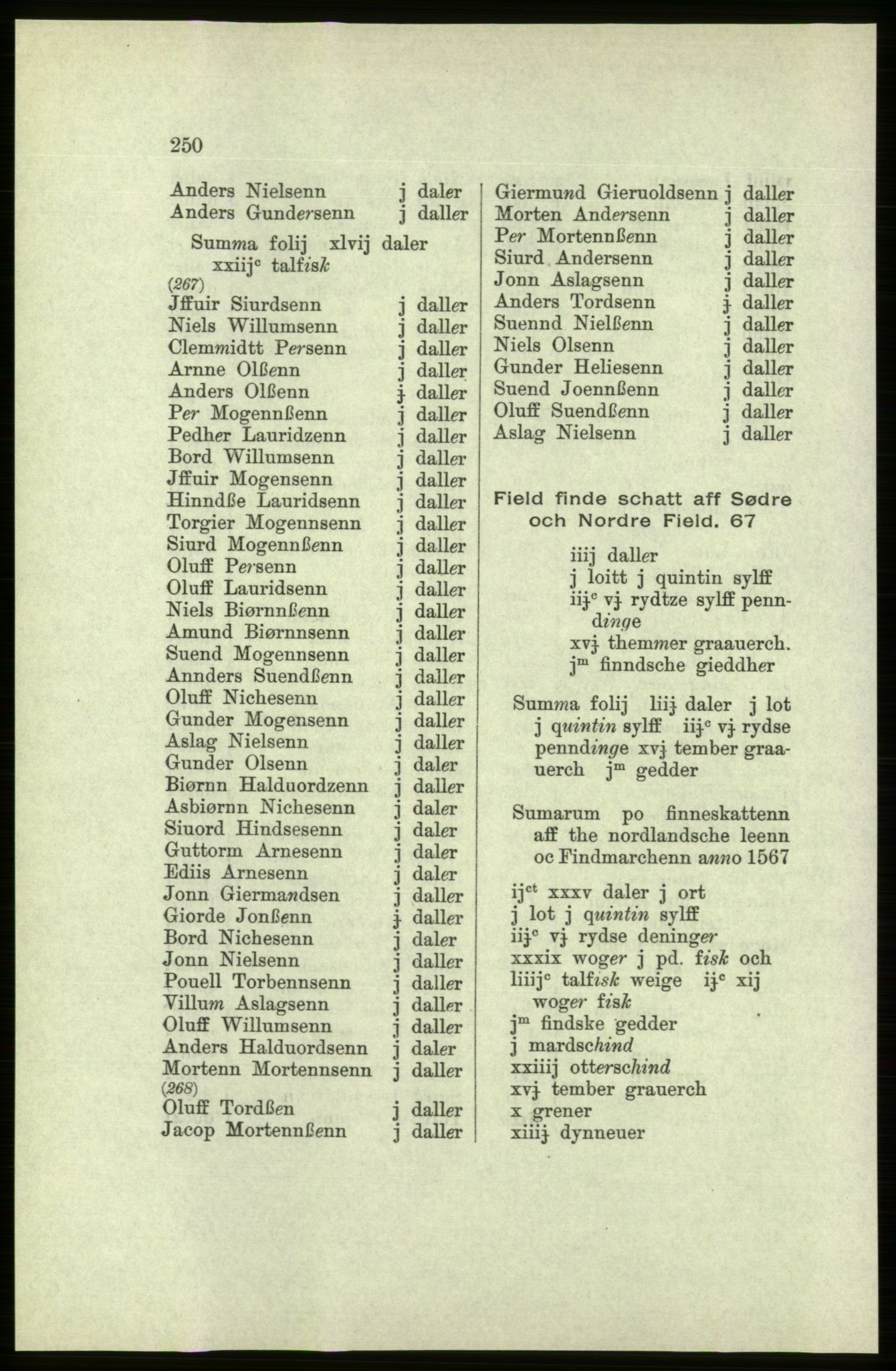 Publikasjoner utgitt av Arkivverket, PUBL/PUBL-001/C/0005: Bind 5: Rekneskap for Bergenhus len 1566-1567: B. Utgift C. Dei nordlandske lena og Finnmark D. Ekstrakt, 1566-1567, p. 250