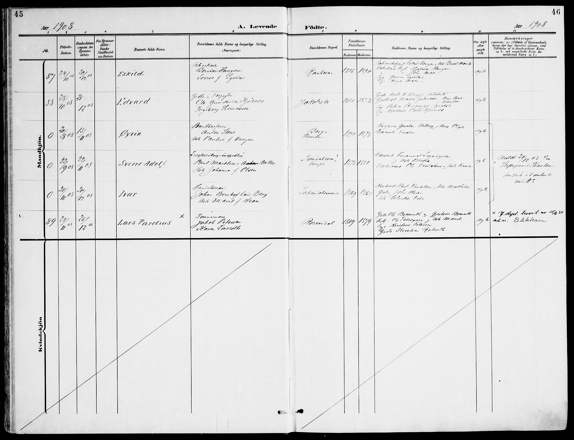 Ministerialprotokoller, klokkerbøker og fødselsregistre - Sør-Trøndelag, SAT/A-1456/607/L0320: Parish register (official) no. 607A04, 1907-1915, p. 45-46