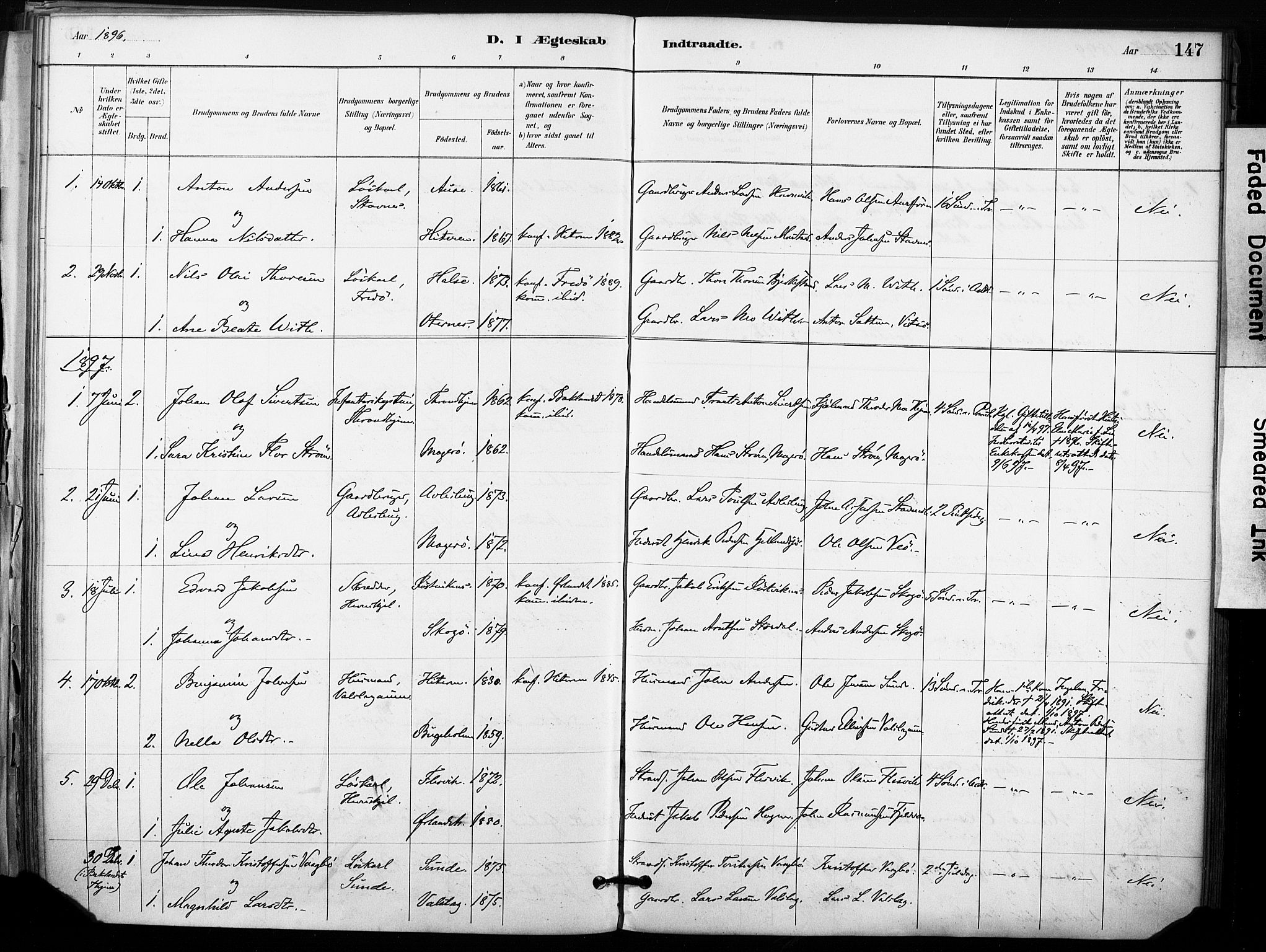 Ministerialprotokoller, klokkerbøker og fødselsregistre - Sør-Trøndelag, SAT/A-1456/633/L0518: Parish register (official) no. 633A01, 1884-1906, p. 147