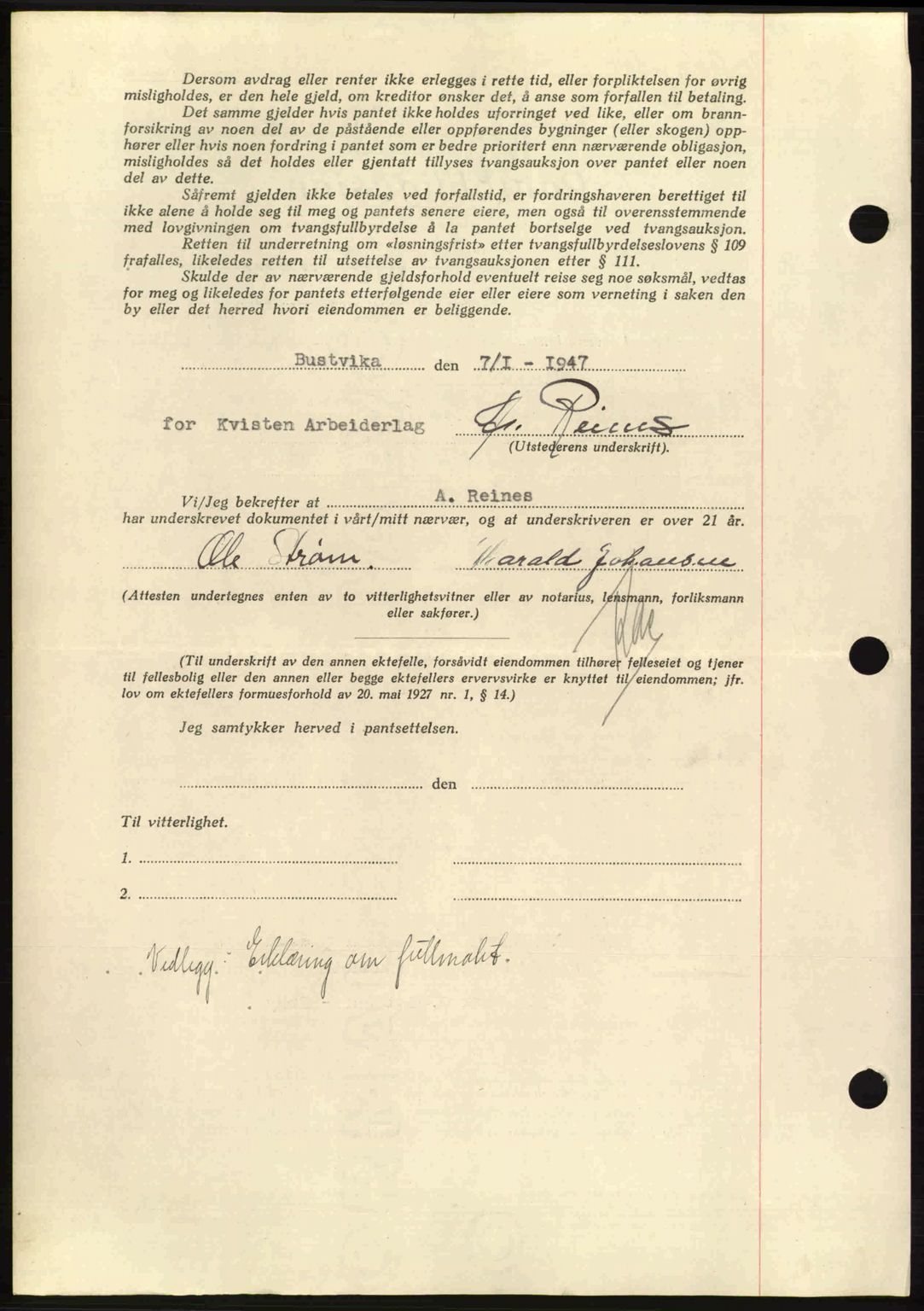 Hitra sorenskriveri, AV/SAT-A-0018/2/2C/2Ca: Mortgage book no. B1, 1939-1949, Diary no: : 20/1947