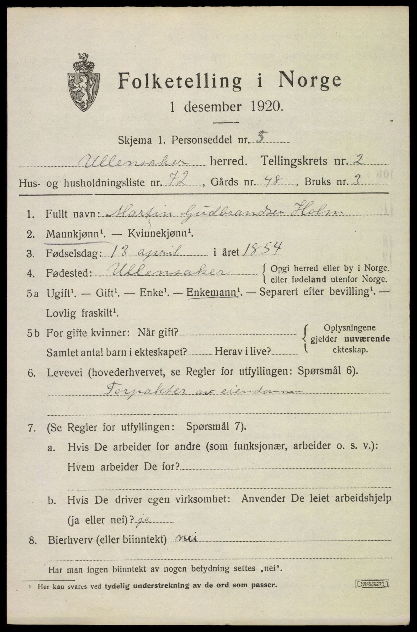 SAO, 1920 census for Ullensaker, 1920, p. 5539