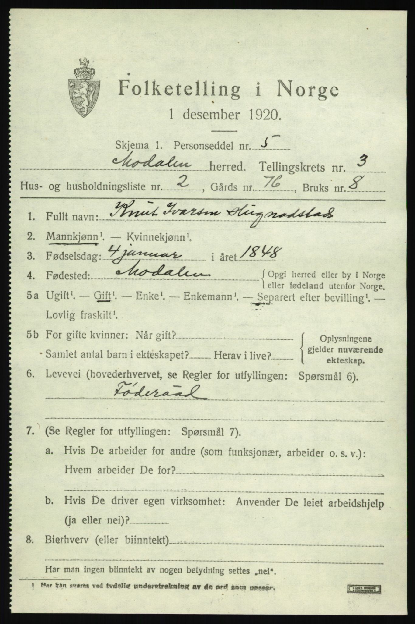 SAB, 1920 census for Modalen, 1920, p. 544