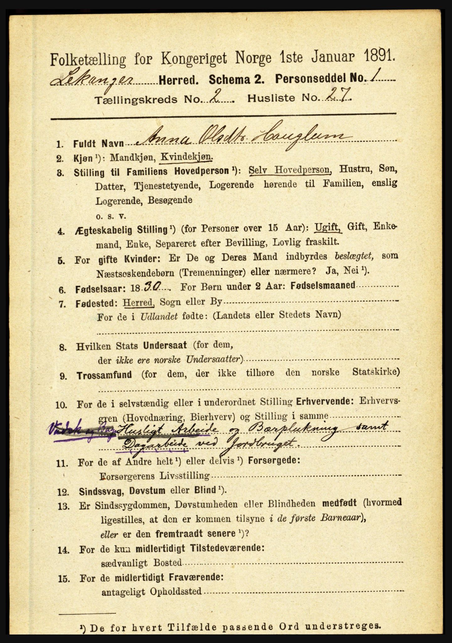 RA, 1891 census for 1419 Leikanger, 1891, p. 313