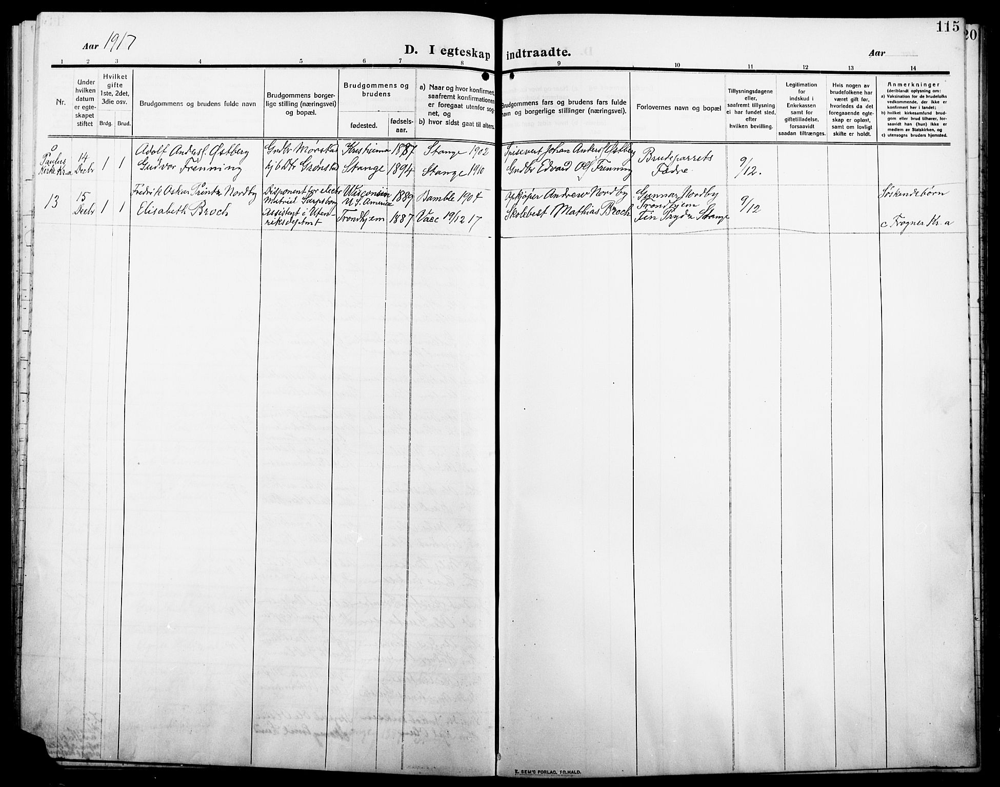 Stange prestekontor, AV/SAH-PREST-002/L/L0014: Parish register (copy) no. 14, 1909-1917, p. 115