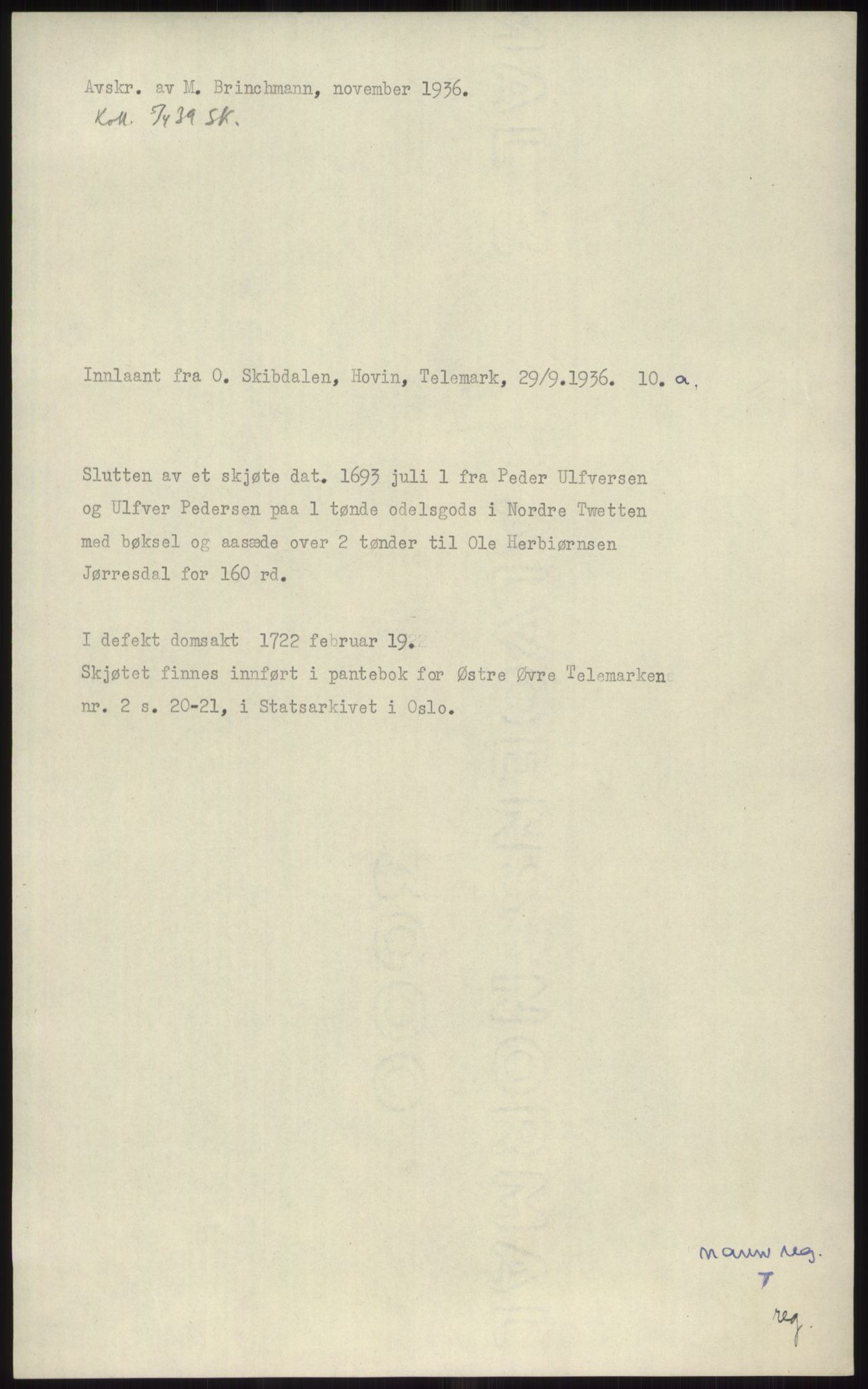 Samlinger til kildeutgivelse, Diplomavskriftsamlingen, RA/EA-4053/H/Ha, p. 2952