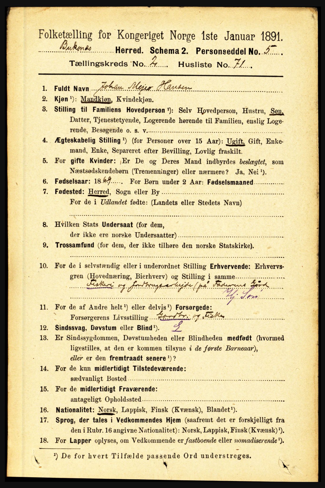 RA, 1891 census for 1860 Buksnes, 1891, p. 2099