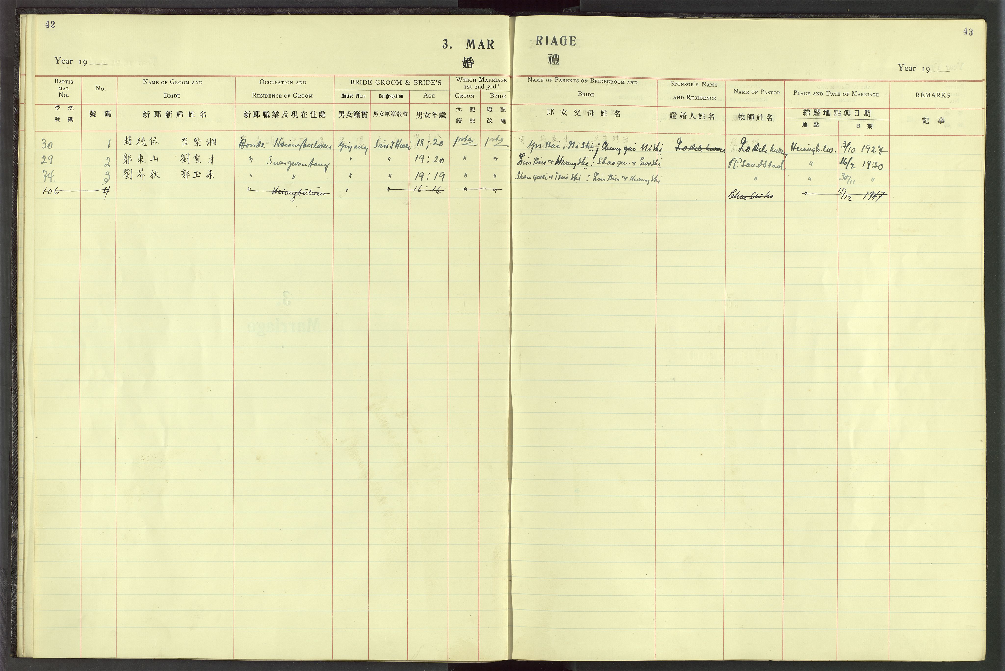 Det Norske Misjonsselskap - utland - Kina (Hunan), VID/MA-A-1065/Dm/L0023: Parish register (official) no. 61, 1926-1948, p. 42-43
