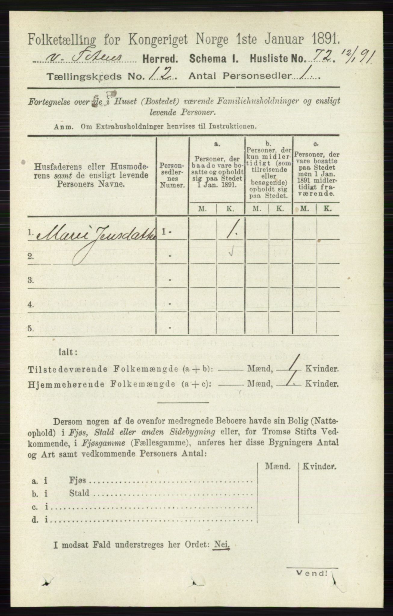 RA, 1891 census for 0529 Vestre Toten, 1891, p. 7272