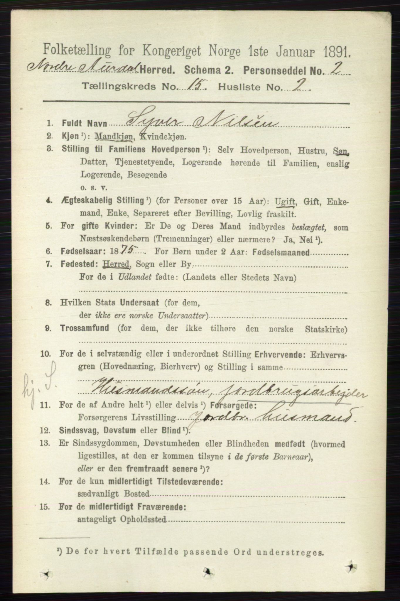 RA, 1891 census for 0542 Nord-Aurdal, 1891, p. 5749