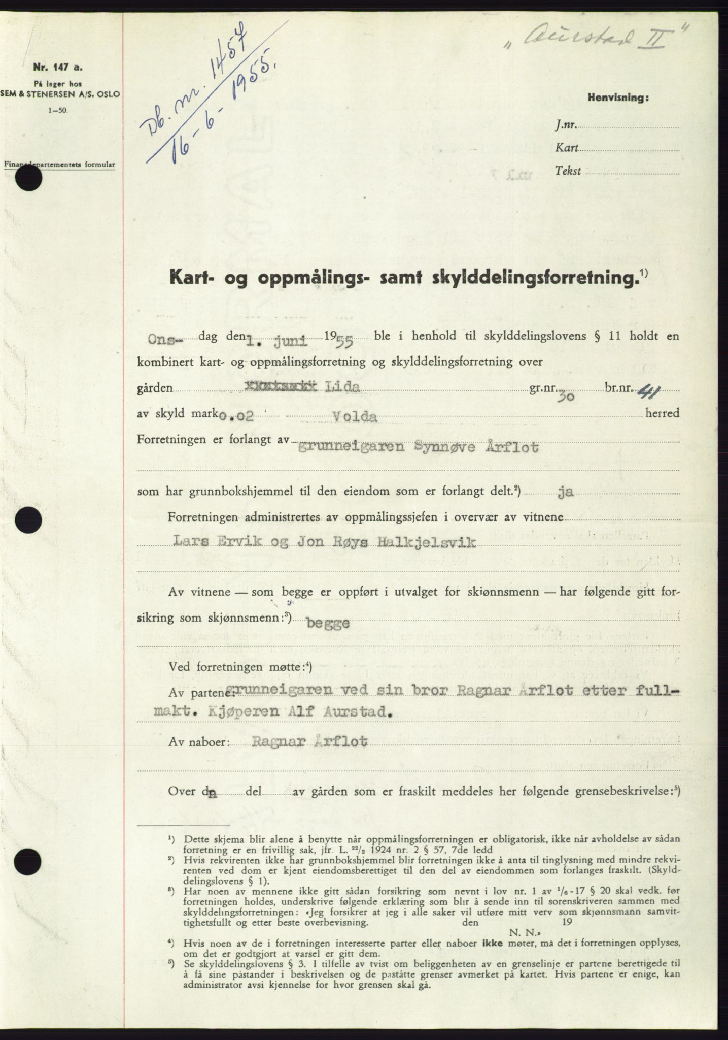 Søre Sunnmøre sorenskriveri, AV/SAT-A-4122/1/2/2C/L0101: Mortgage book no. 27A, 1955-1955, Diary no: : 1457/1955