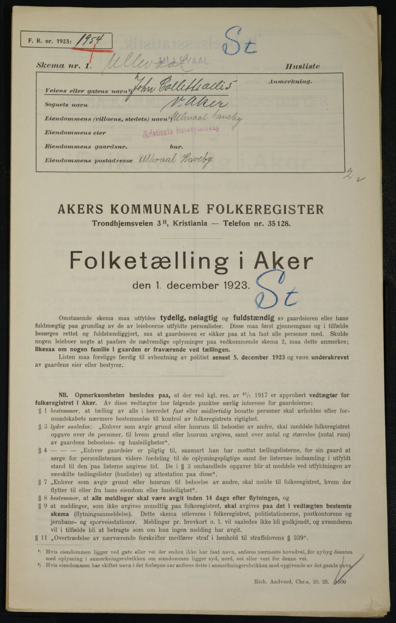 , Municipal Census 1923 for Aker, 1923, p. 20698