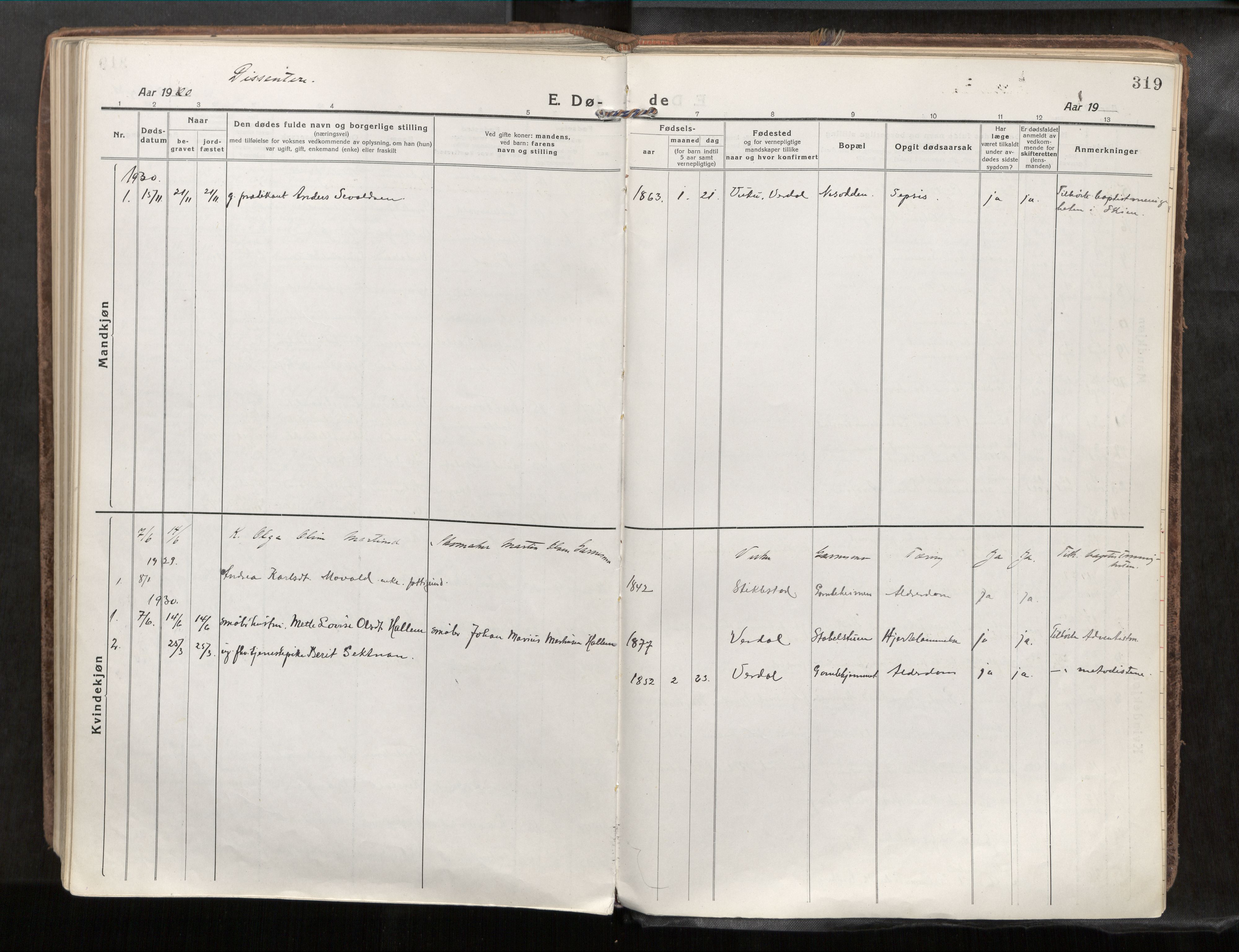 Verdal sokneprestkontor, SAT/A-1156/2/H/Haa/L0001: Parish register (official) no. 1, 1917-1932, p. 319