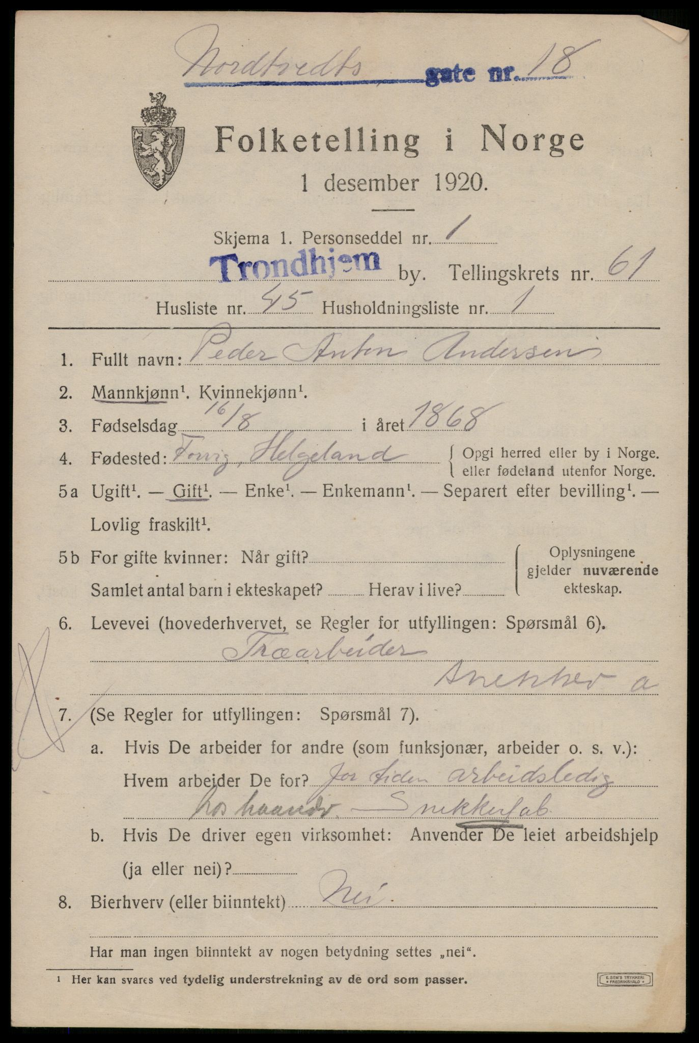 SAT, 1920 census for Trondheim, 1920, p. 123706