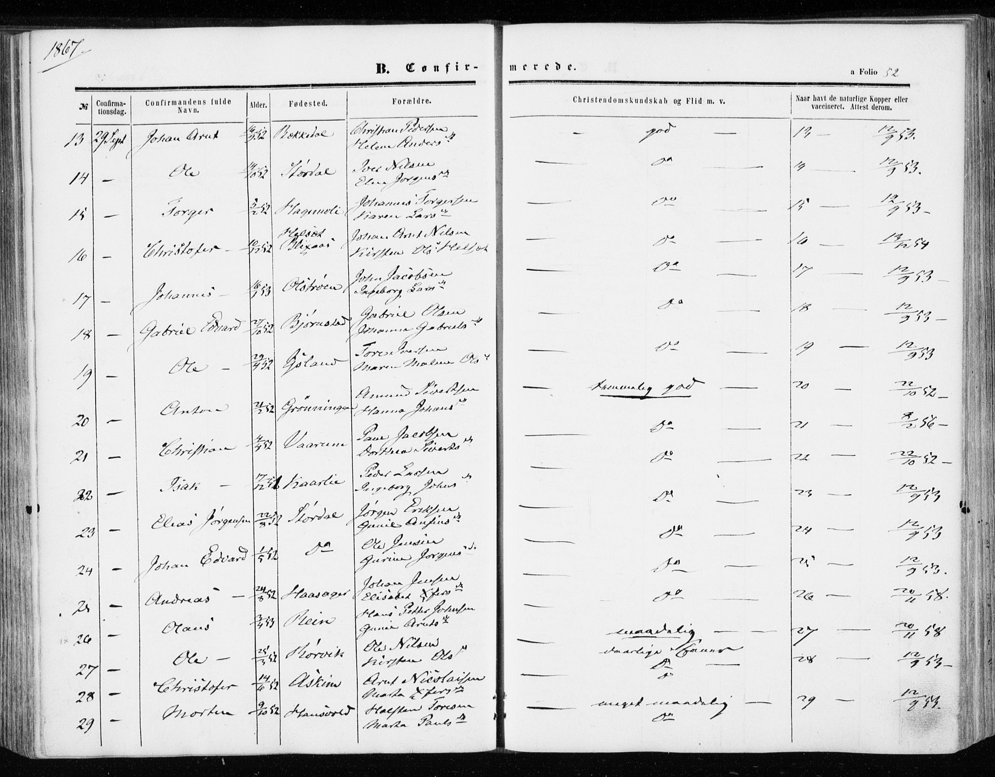 Ministerialprotokoller, klokkerbøker og fødselsregistre - Sør-Trøndelag, SAT/A-1456/646/L0612: Parish register (official) no. 646A10, 1858-1869, p. 52