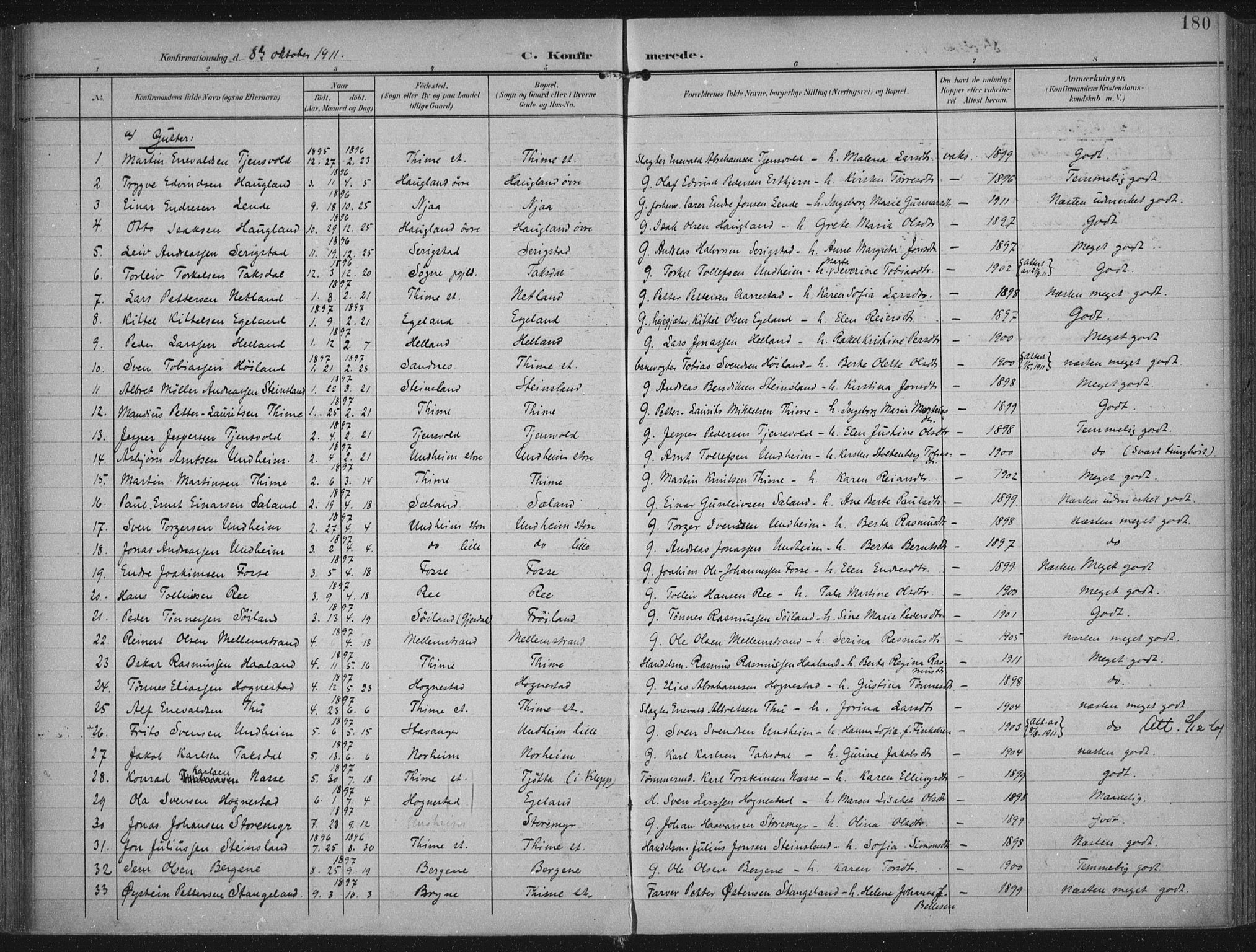 Lye sokneprestkontor, AV/SAST-A-101794/002/A/L0001: Parish register (official) no. A 12, 1904-1920, p. 180