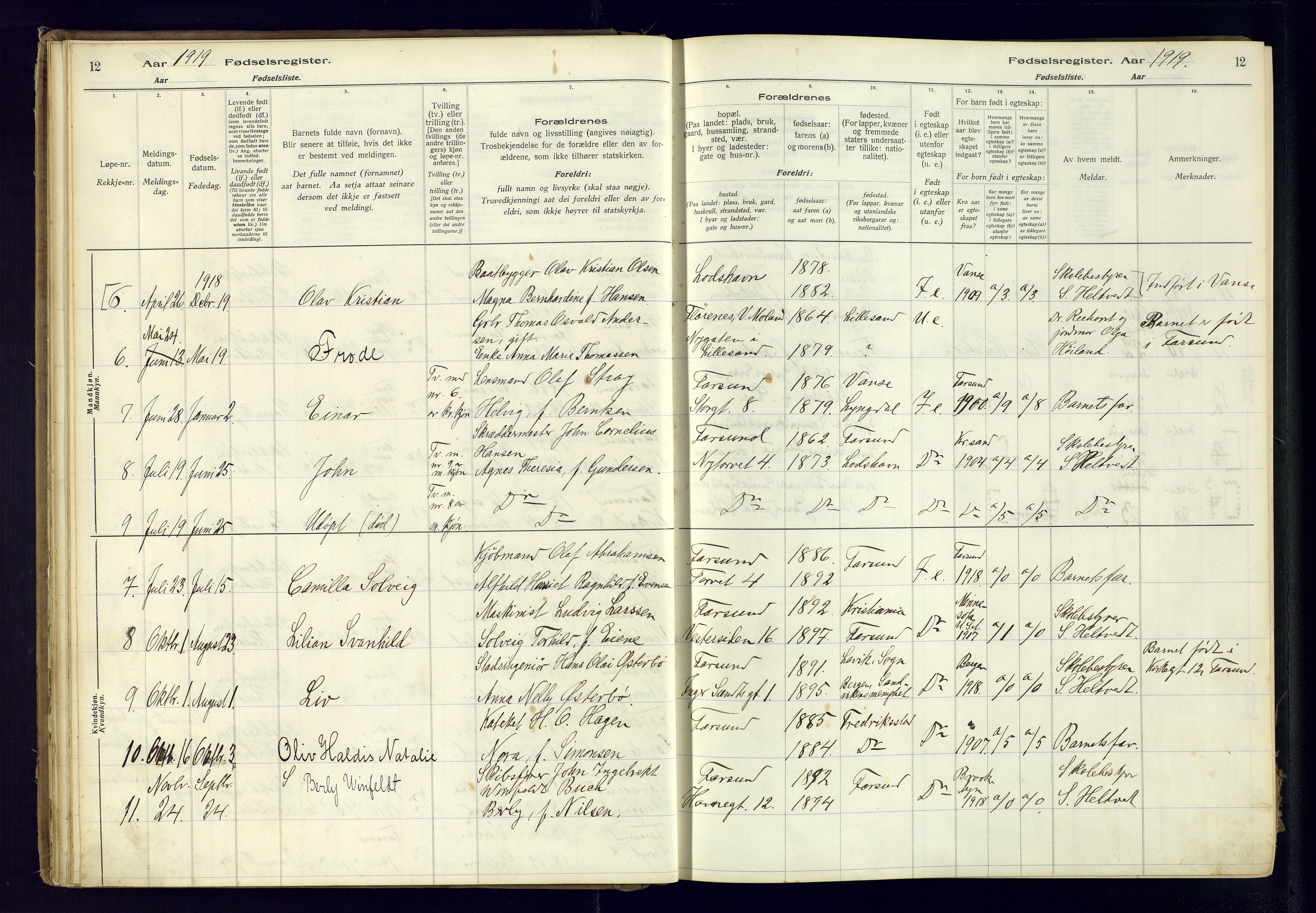 Farsund sokneprestkontor, AV/SAK-1111-0009/J/Ja/L0001: Birth register no. A-VI-8, 1916-1950, p. 12