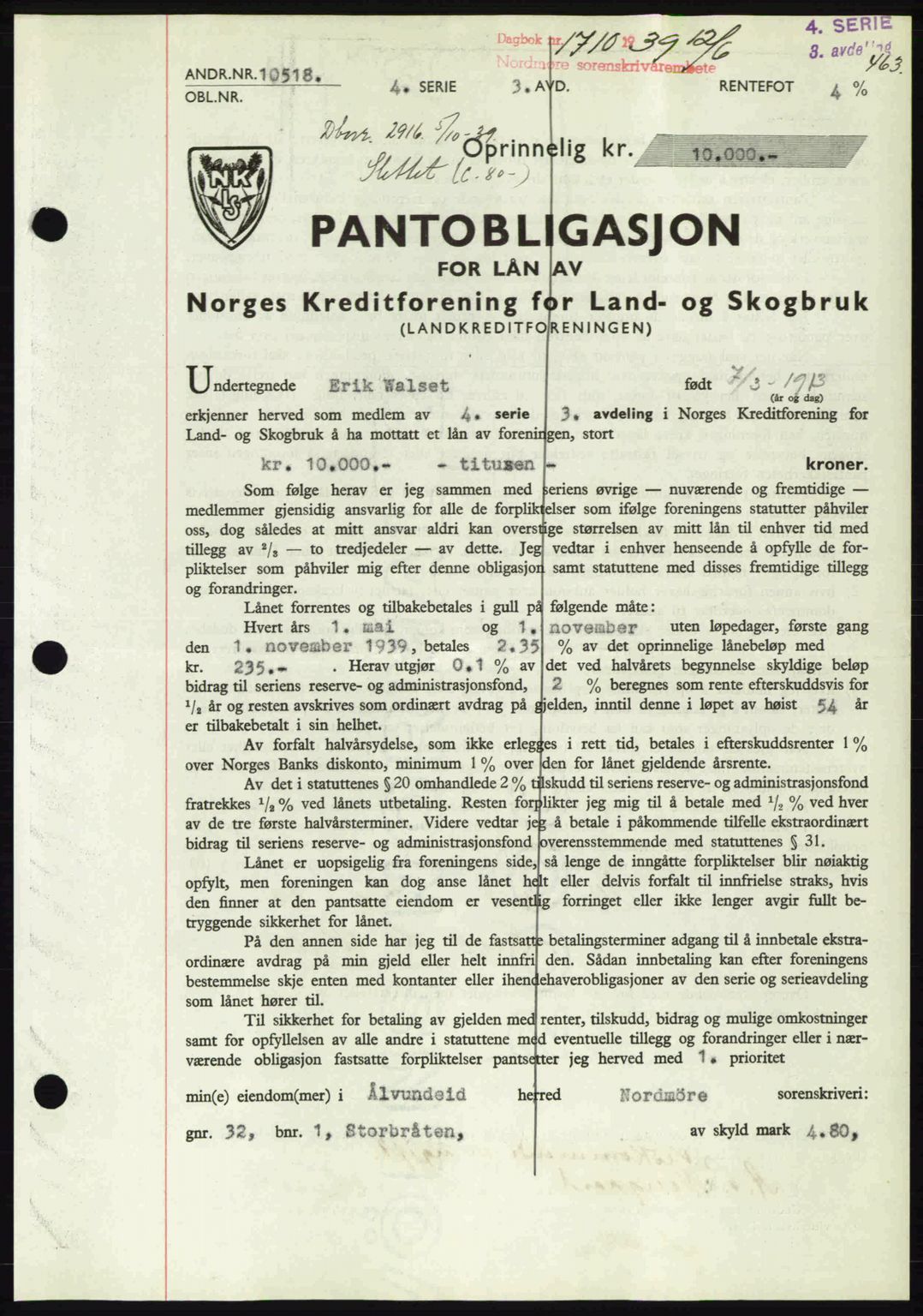 Nordmøre sorenskriveri, AV/SAT-A-4132/1/2/2Ca: Mortgage book no. B85, 1939-1939, Diary no: : 1710/1939